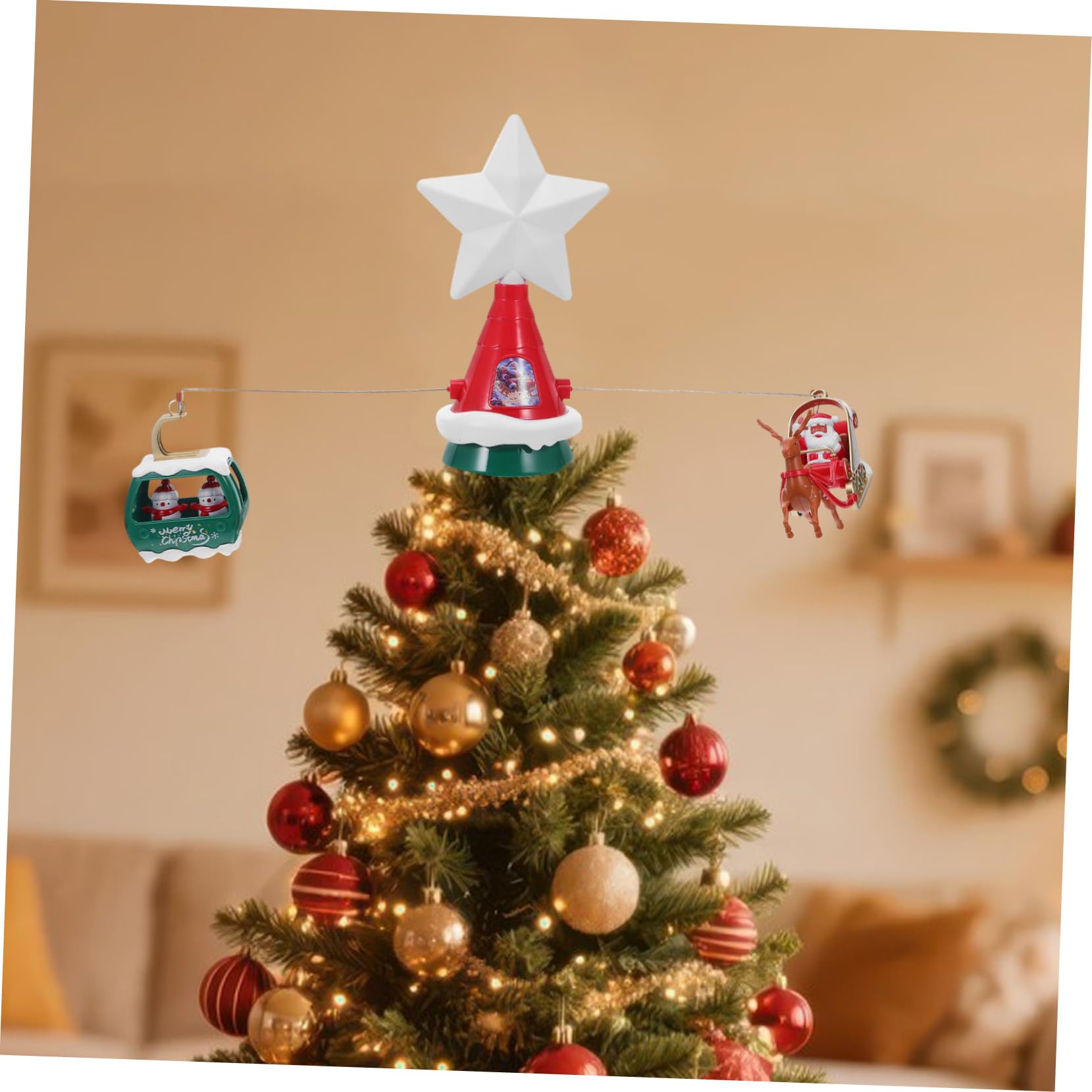 Cabilock Étoile de Sapin de Noël Rotative Lumineuse Décoration Musicale pour Sapin avec Traîneau du Père Noël et Bonshommes pour Intérieur et Extérieur