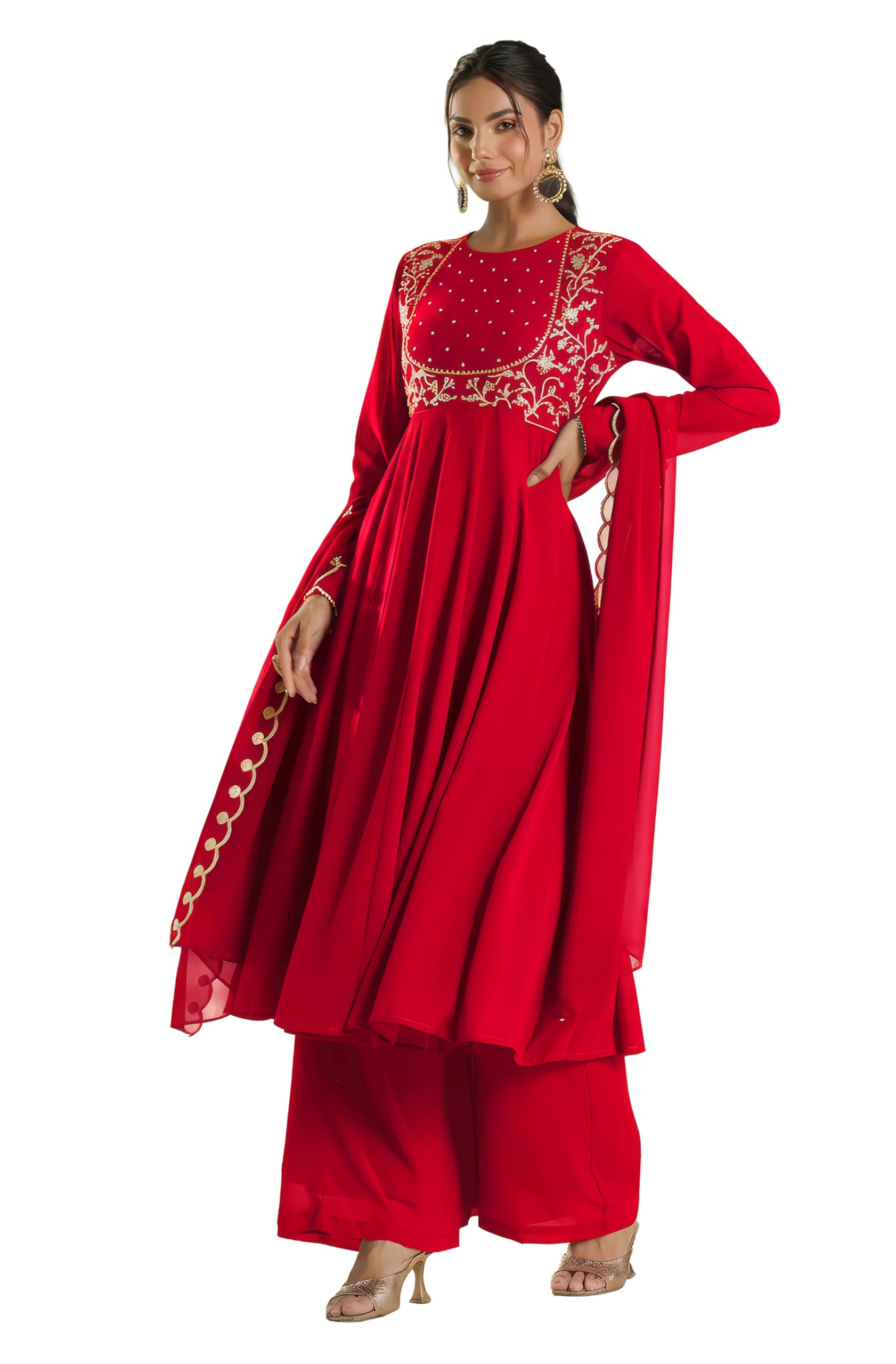Maroon Embroidered Kurta with Palazzo & Dupatta for Women Georgette Fabric Latest Fashion-image-49