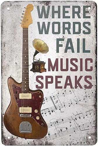 ANJOOY Vintage Metal Guitar Tin Sign - Where Words Fail Music Speaks - Musical Bar Pub Cafe Wall Kitchen Bathroo Poster Karaoke Retro Decor Art 8x12