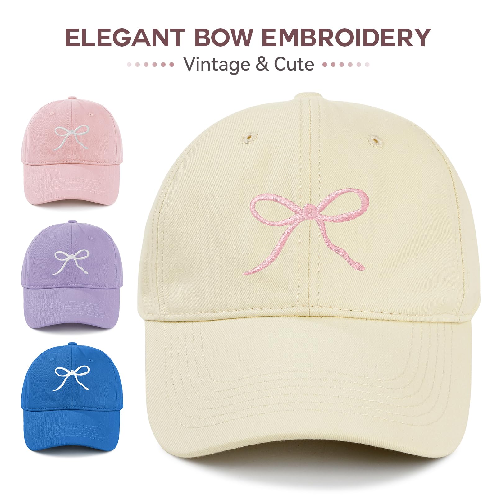 Womens Baseball Hat Trendy Purple Embroidered Bow Hats for Hiking Travel Comfortable Ball Cap for Everyday Wear