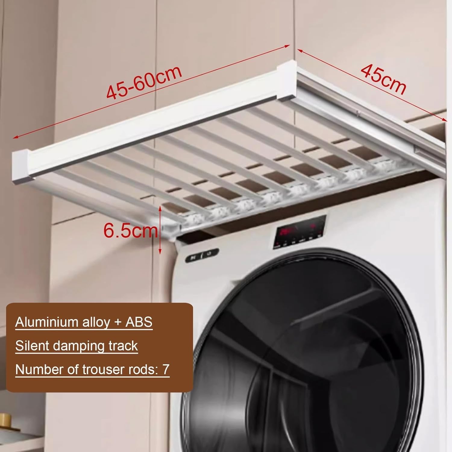 Extendable Pull Out Trousers Rack Drawer - Wardrobe Pull-Out Trousers Rack, Above Washing Machine Drying Rack Multi-Functional Hidden Clothes Rack, Space Saving,Black-Length 45~60cm