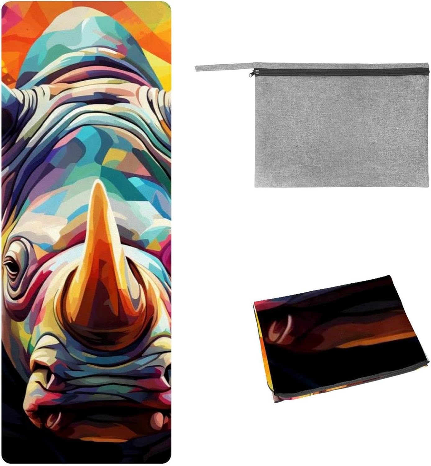 Yoga Towel, Rhino Animal Print Non Slip Sweat Absorbent Hot Yoga Mat Towel for Hot Yoga, Pilates and Fitness - 72.8" x 26.8"