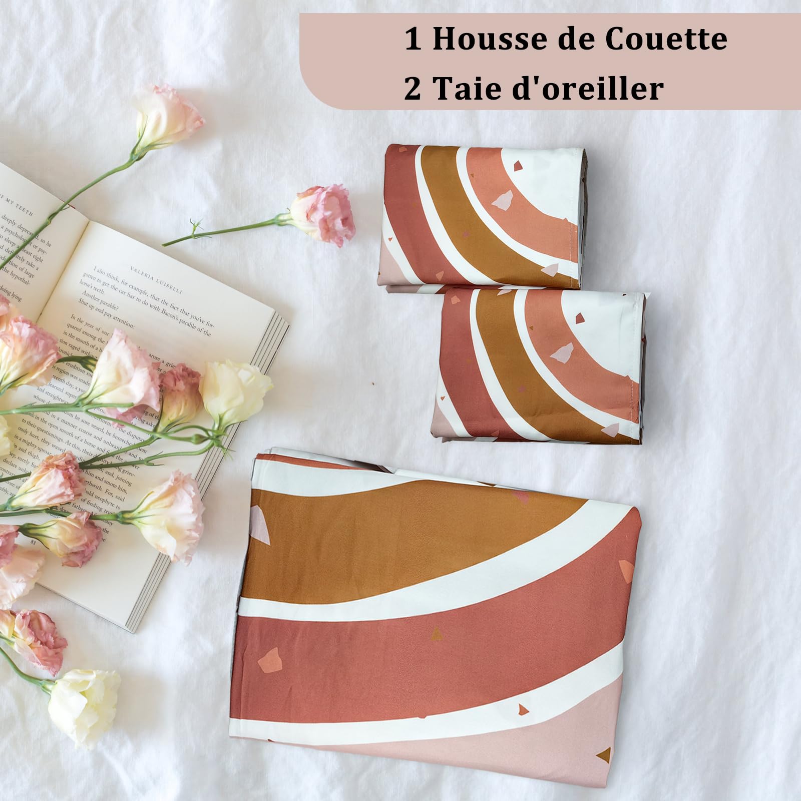 Housse de Couette 220x240 Terracotta Arc-en-Ciel Parure de Lit 2 Personnes | Microfibre Douce avec 2 Taies 65x65cm, Motif Géométrique Moderne, Fermeture Éclair, Literie Réversible pour Adulte Fille