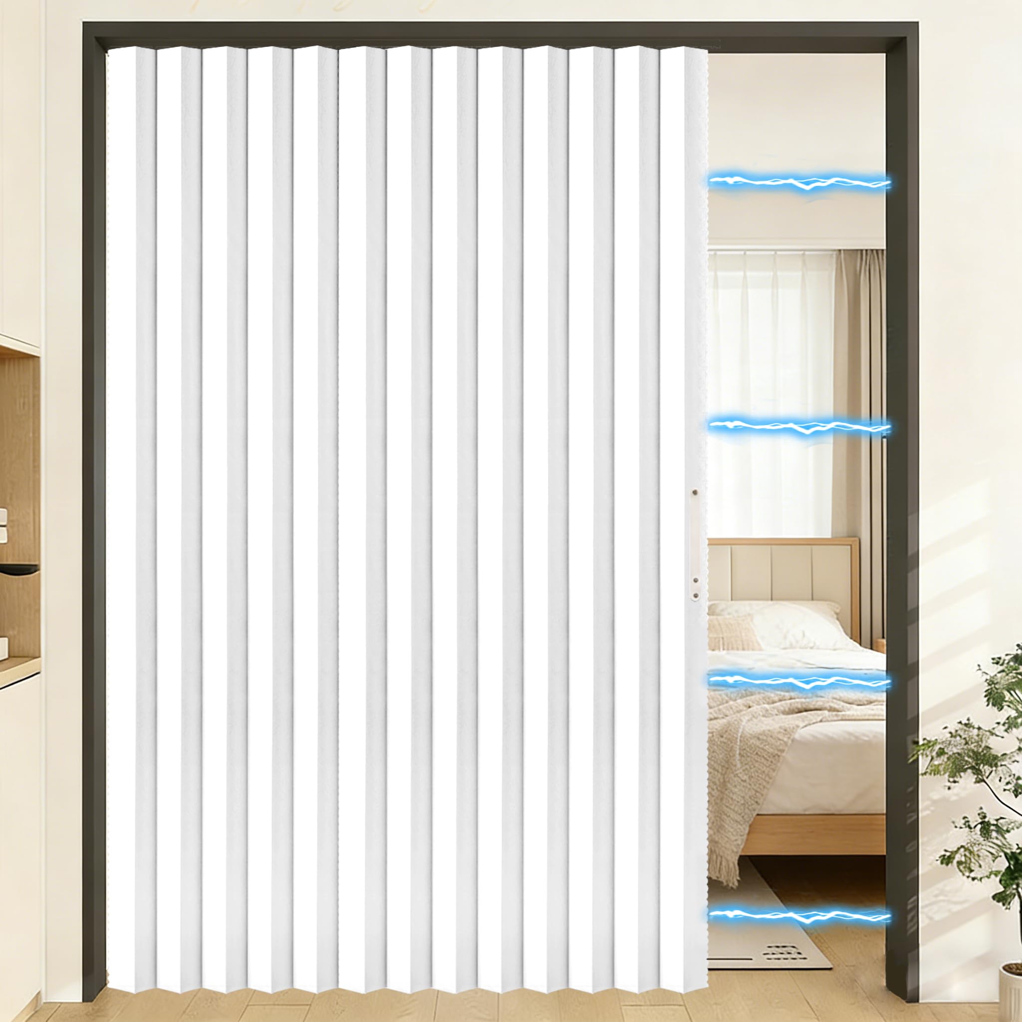 RINHARTEX Blackout Accordion Style Magnetic Door Curtain Sets Included Tracks for Closet Pleated Folding Doorway Curtain Accordion Door Interior Room Divider Bedroom Bathroom(72x79,White)