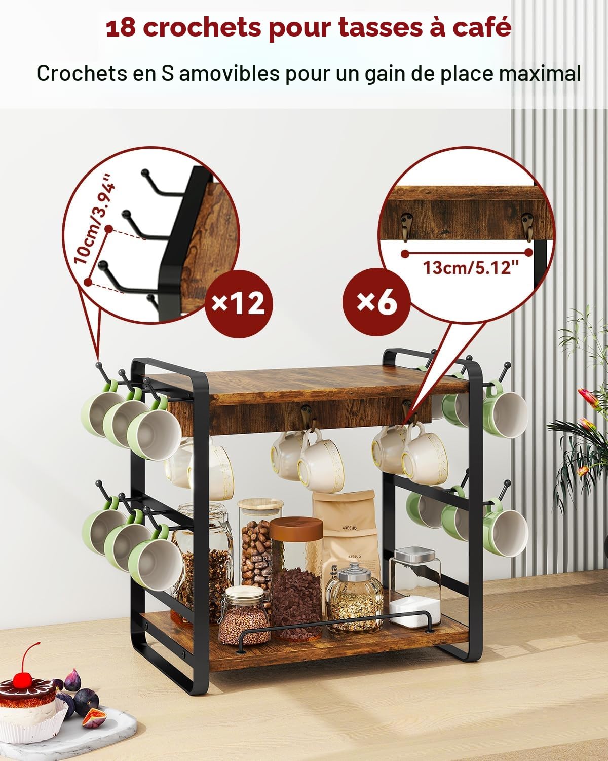 IBUYKE Organisateur De Comptoir De Bar à Café, Portetasse à 2 Niveaux Pour Cuisine, Organisateur Tasse à Café En Bois Avec 18 Crochets, Support Tasse Pour Maison,Cuisine Et Bureau,TBJ006H