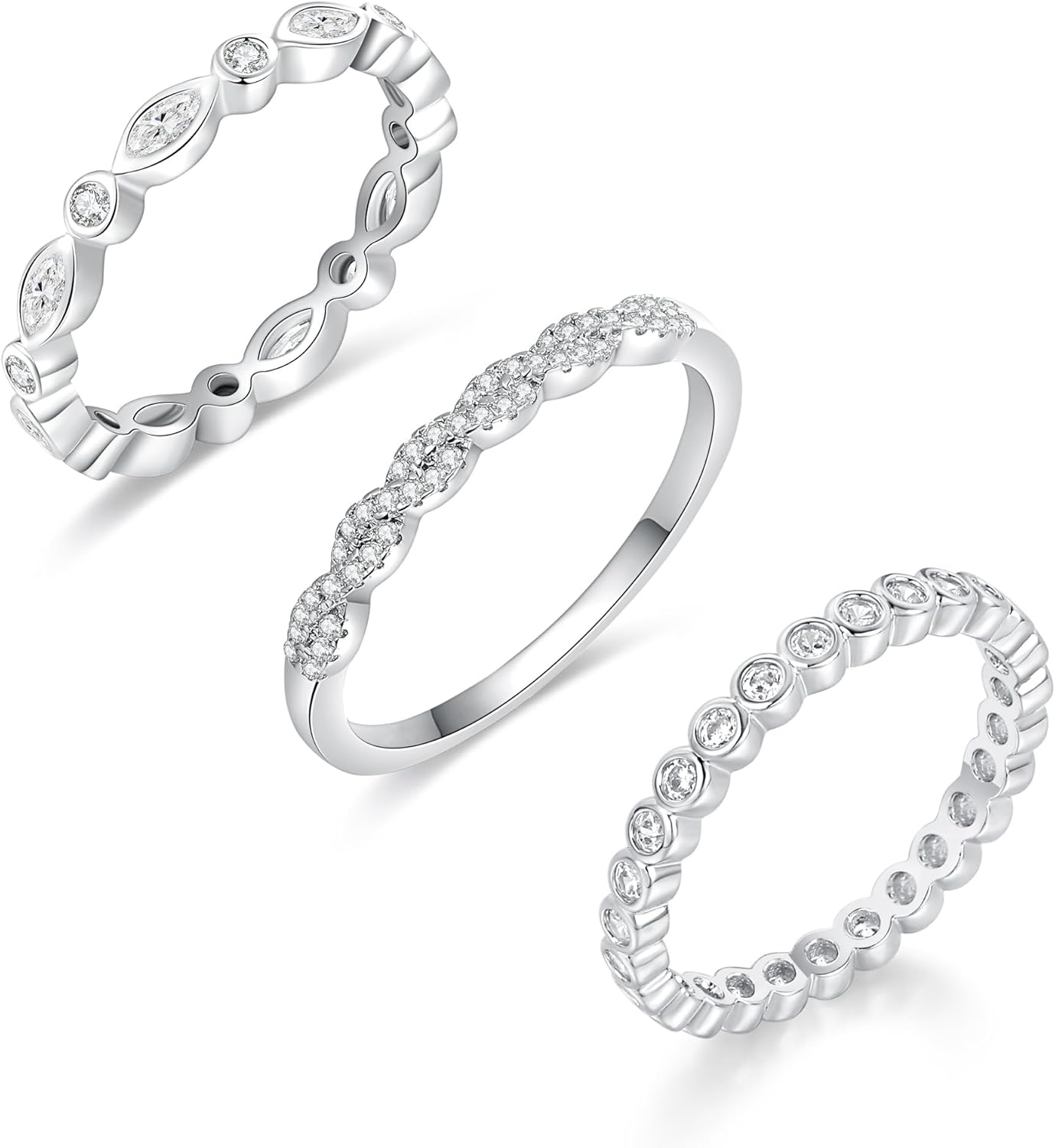 MDFUN 18K White/Yellow Gold Plated Three-in-One Cubic Zirconia Stackable Wedding Engagement Promise Eternity Ring for Women