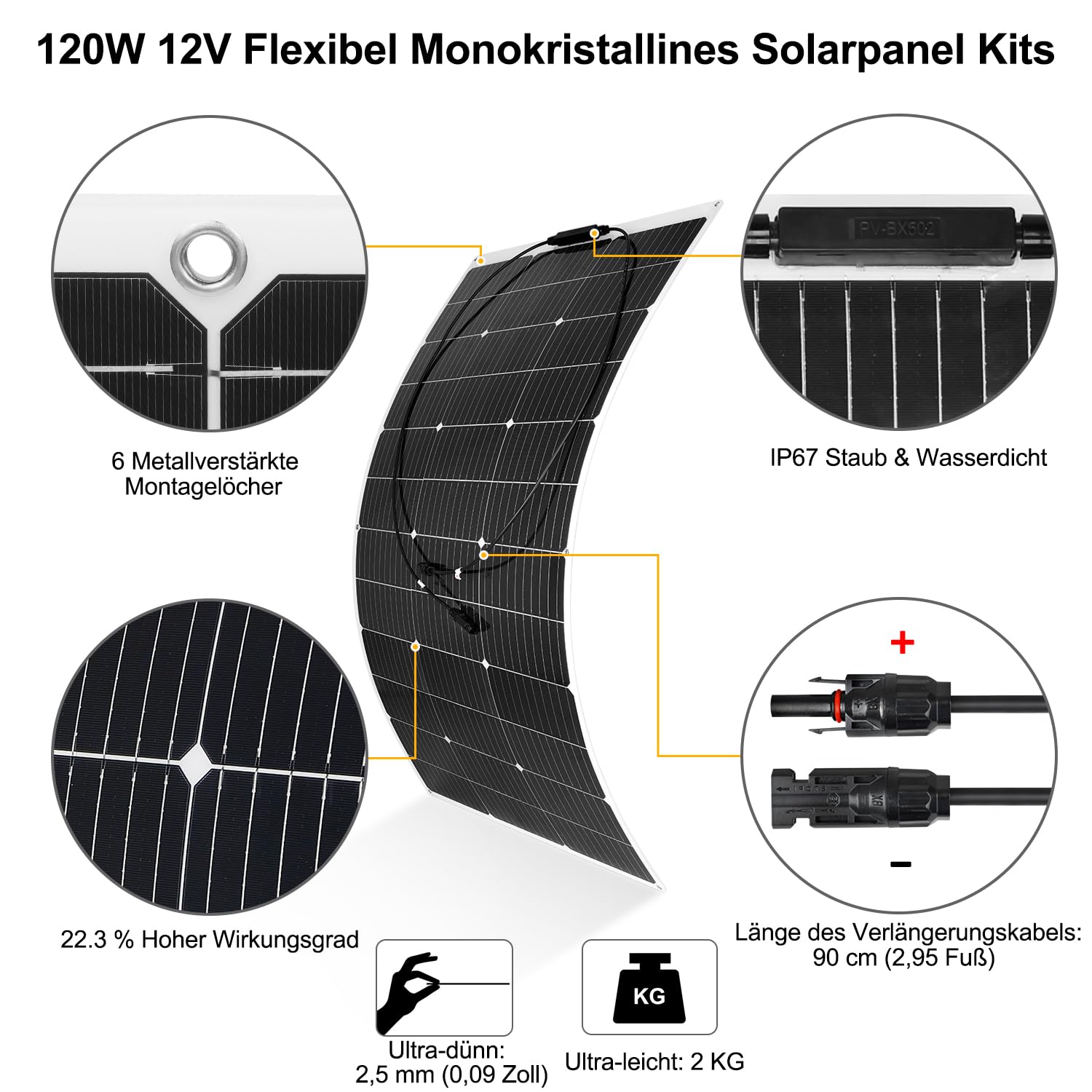 【Panneau Solaire Souple 120W Kit】DERUXI Panneau Solaire Flexible 12V 120W+Régulateur de Charge 30 A+4 Pcs Solaire Câble+6 Pcs Collier Serrage Inox, Panneau Solaires Set pour Camping-Car Bateau Balcon