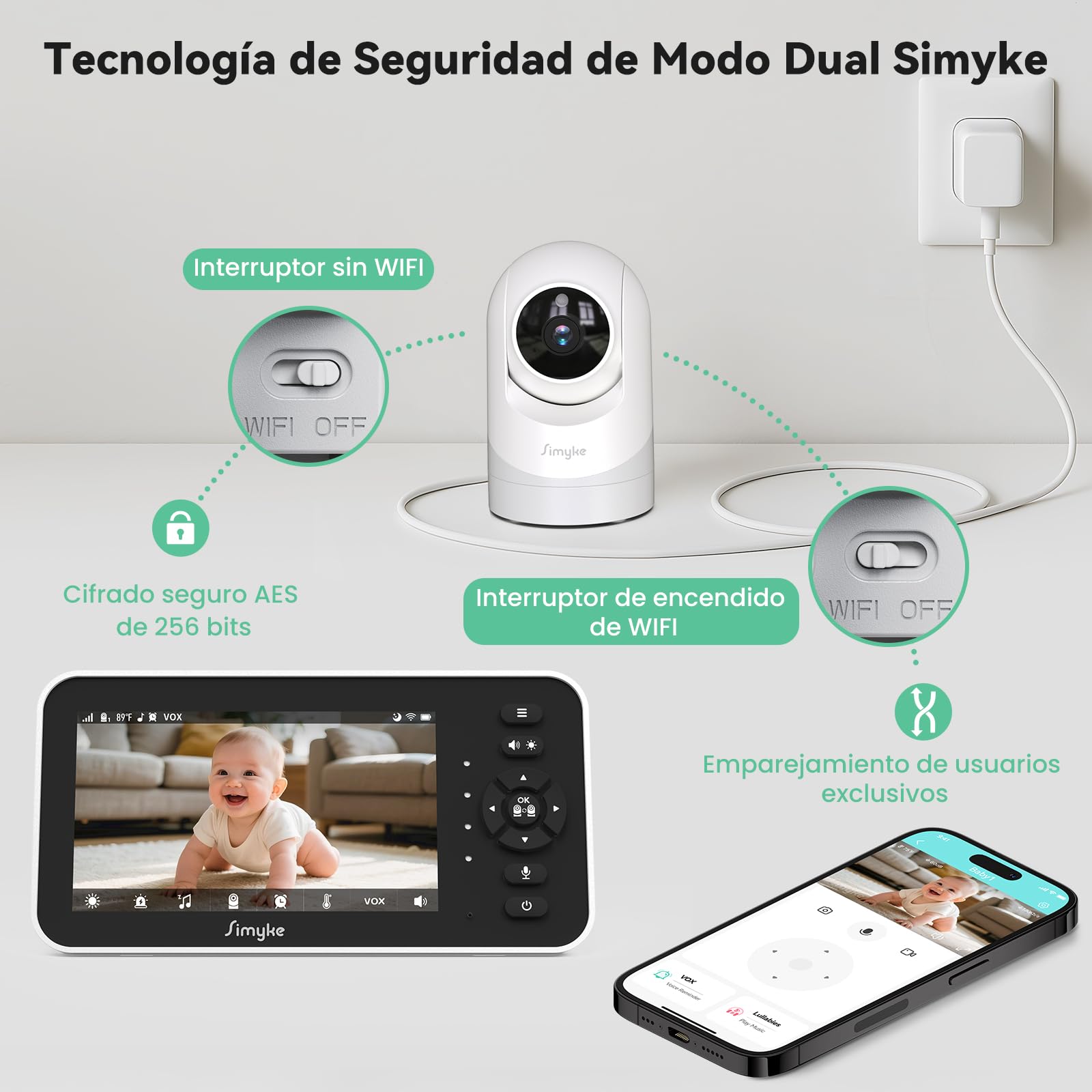 Simyke Monitor de video para bebé con cámara y audio, pantalla de 12,7 cm, 720P, sin wifi o modo de aplicación gratuita, Pan-Tilt-Zoom, canciones de cuna, recordatorio de alimentación, visión nocturna