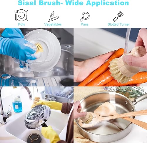 Miniatura 5 de Aisuly - Juego de 4 cepillos para platos de bambú cepillo para limpiar platos de madera de palma cepillos para platos de burbujas cepillo para