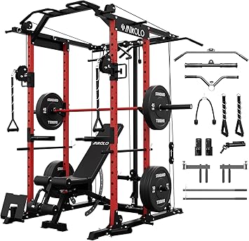 Mikolo Power Cage, Power Rack with Cable Crossover System, 1500LBS Squat Rack with LAT Pull Down System, Workout Cage with Pulley System for Fitness Home Gym