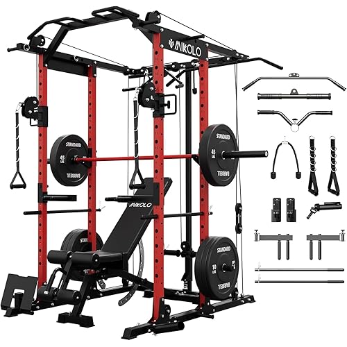 Mikolo Power Cage, Power Rack with Cable Crossover System, 1500LBS Squat Rack with LAT Pull Down System, Workout Cage with Pulley System for Fitness Home Gym