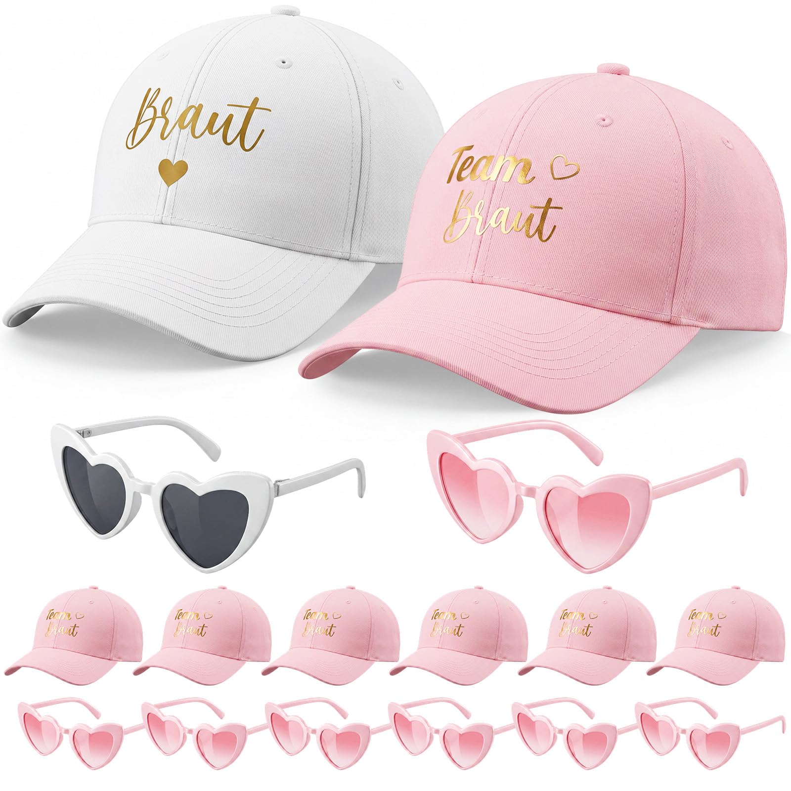 BBTO 16 Pièces Sets d'Accessoires pour Enterrement de Vie de Jeune Fille | 7 Casquettes Roses Team Braut & 1 Casquette Blanche Braut 8 Lunettes de Soleil de Fête Fête Prénuptiale Mariage Photo