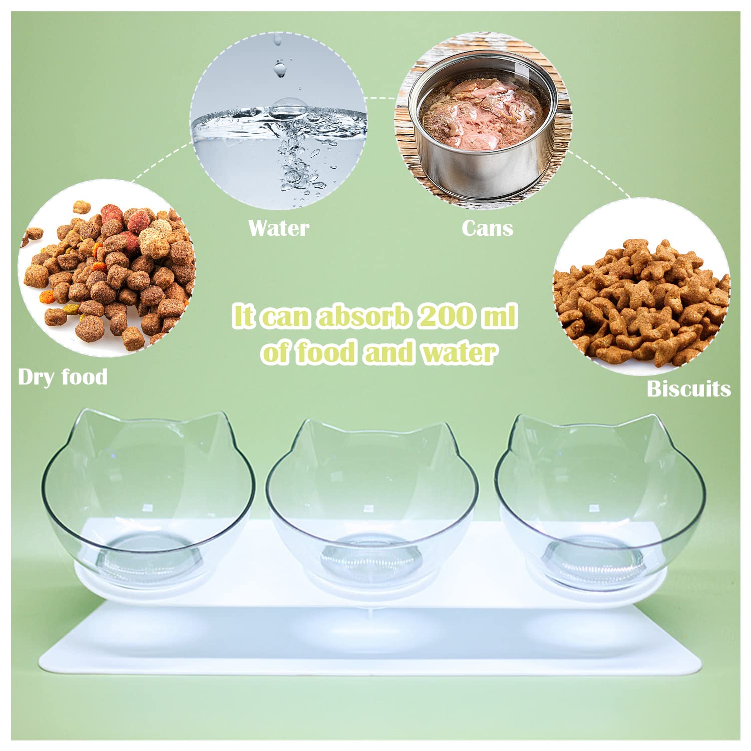 Ciotola Per Gatti Rialzata 3 In 1 - Inclinazione 15°, Antivomito, Trasparente - Foto 7