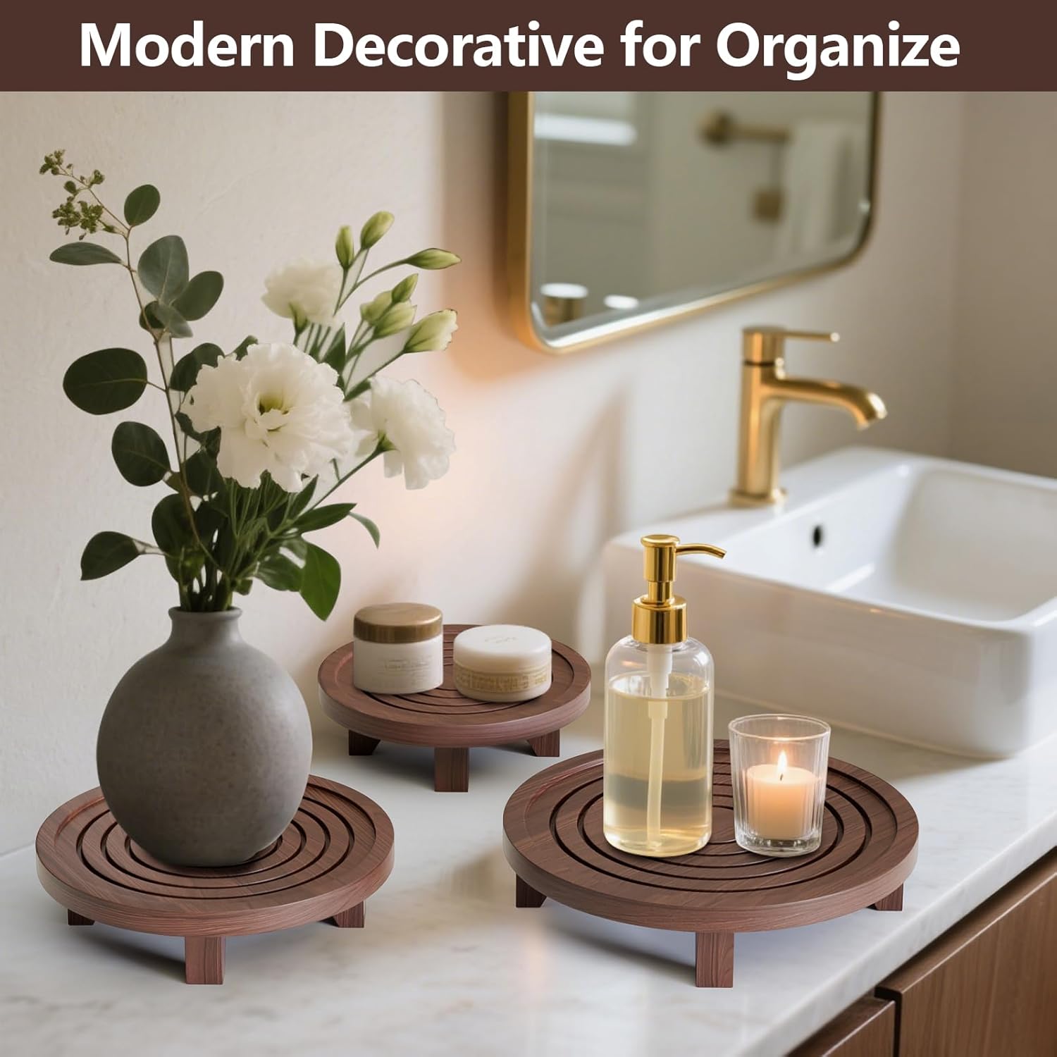 3-Pack Plant Stand Indoor, Wood Round Pedestal Riser 6.69/8.66/10.23" Solid Wooden Plant Stool & Pot Holder, Decorative Display for Living Room, Bathroom, Kitchen & Home Decor (Dark Brown)