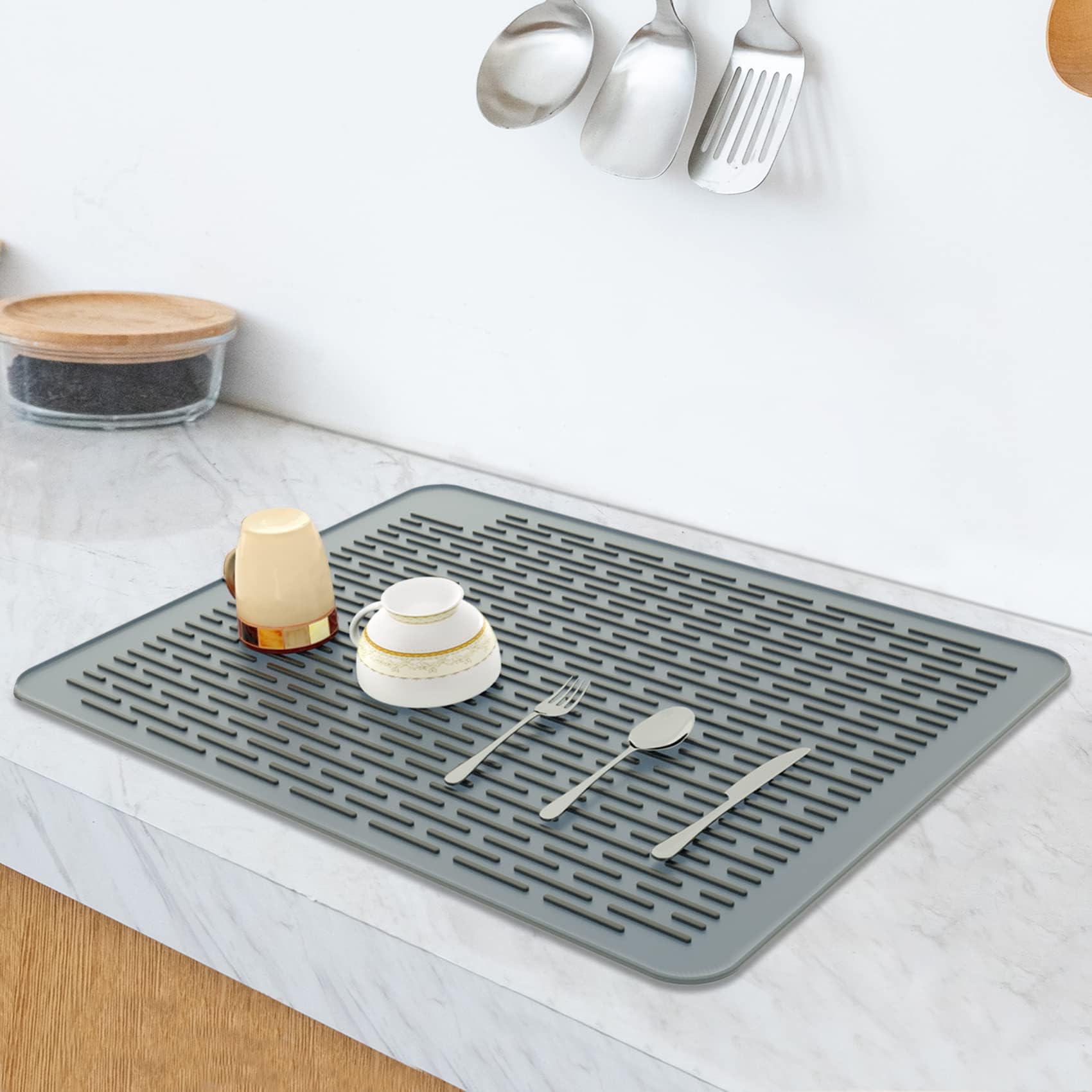 SOSMAR Silicone Drying Mat, XL Size 23โ x 18โ, Dish Drying Mat, Large Dish Drainer Mat for Kitchen Counter, Heat Resistant Hot Pot Holder, Non-Slip Silicone Sink Mat, BPA Free, Dish Washer Safe, Gray