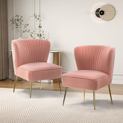HULALA HOME Juego de 2 sillas de terciopelo tapizadas modernas de mediados de siglo con patas doradas cómodas y sin brazos para dormitorio color rosa