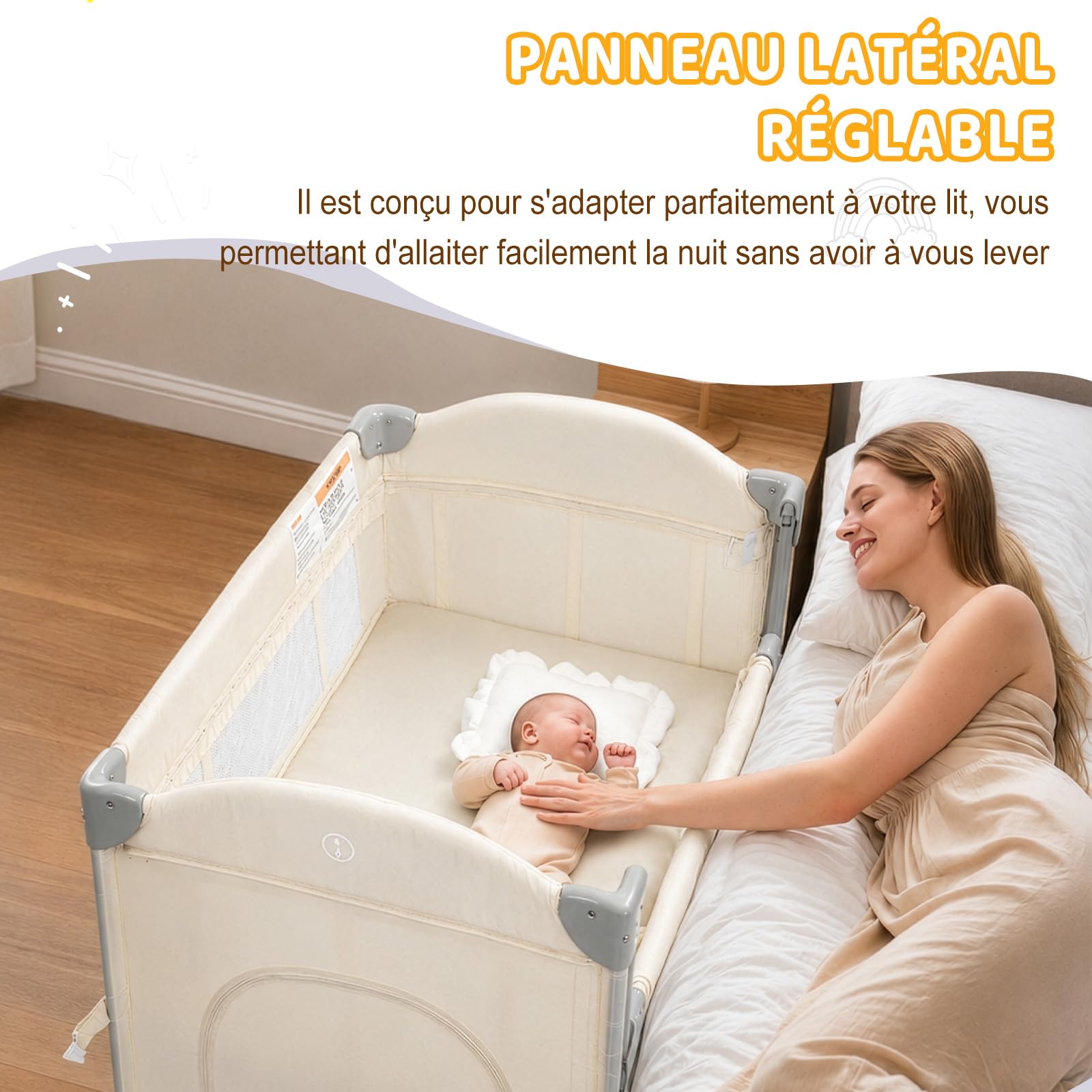 LEADZM Lit Bébé Cododo 5 en 1, Berceau Bébé Pliable avec Table à Langer, Panier de Rangement, Moustiquaire, Jouets Suspendus et Sac de Transport pour Nouveau-né et Jeune Enfant (Blanc Cassé)