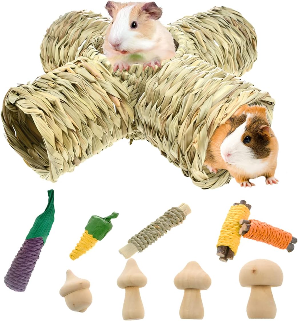 Vehomy Guinea Pig Grass Tunnel Toy Hamster Natural Hideaway Tunnel Tubes and 9Pcs Small Pet Chewing Toys Small Animal Grass House with 5…