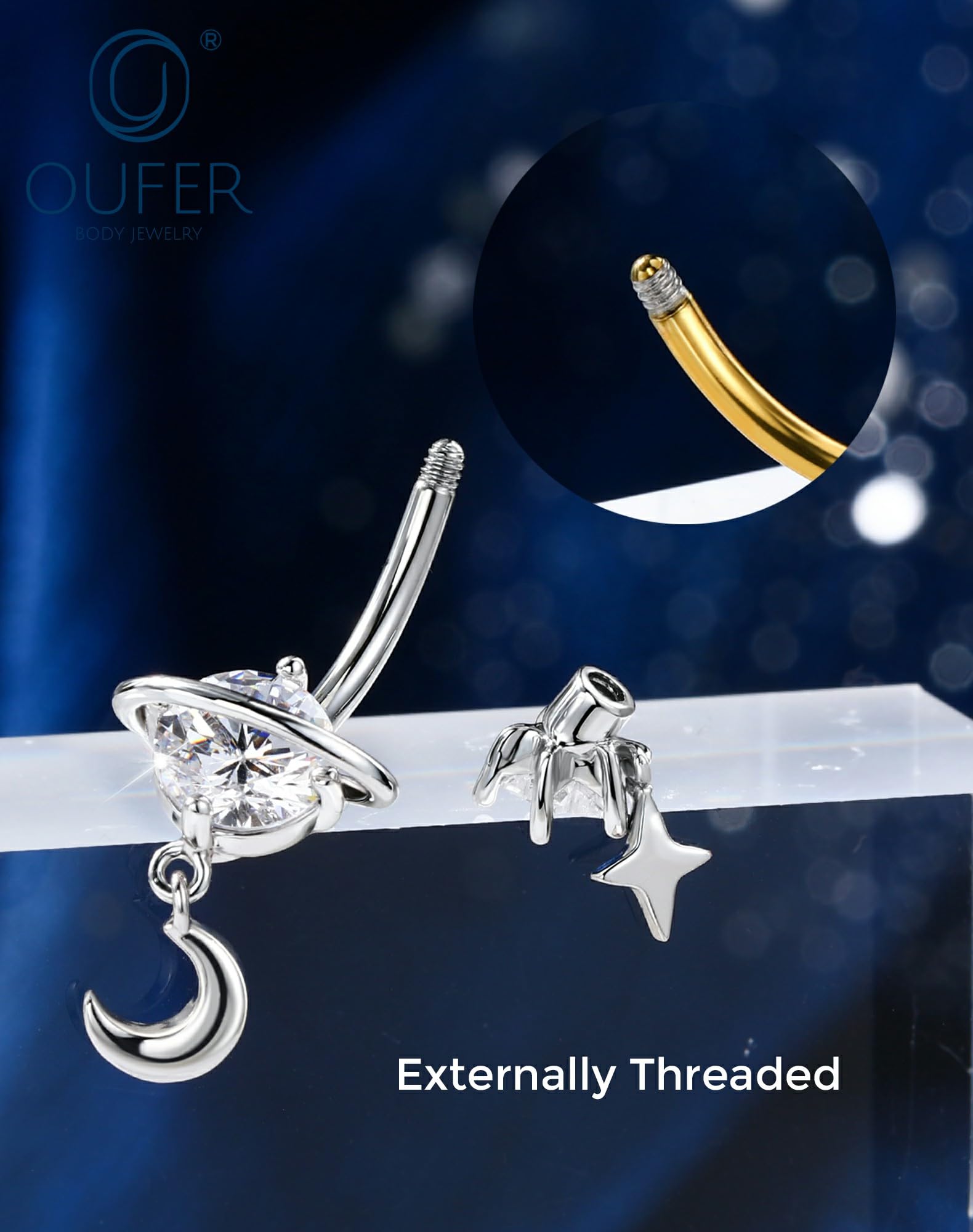 OUFER Body Piercing de Corps Barres de Ventre : 1 Pièce Barre Banane Anneau Navel en Acier Inoxydable 316L Anneau de Bouton d'Escargot avec Dangle Étoile Lune Bijou de Piercing de Navel - 5