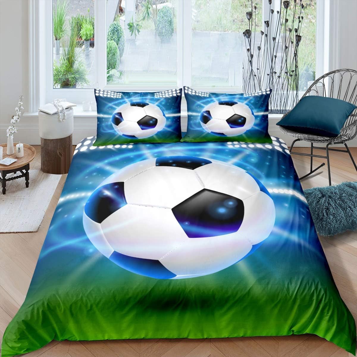 Homemissing Boys Football Bedding Set Sports Theme Double Size Duvet Cover For Kids Children Teens 3D Soccer Ball Pattern Comforter Cover Competitive Games Bedspread Bedroom Decor 3Pcs