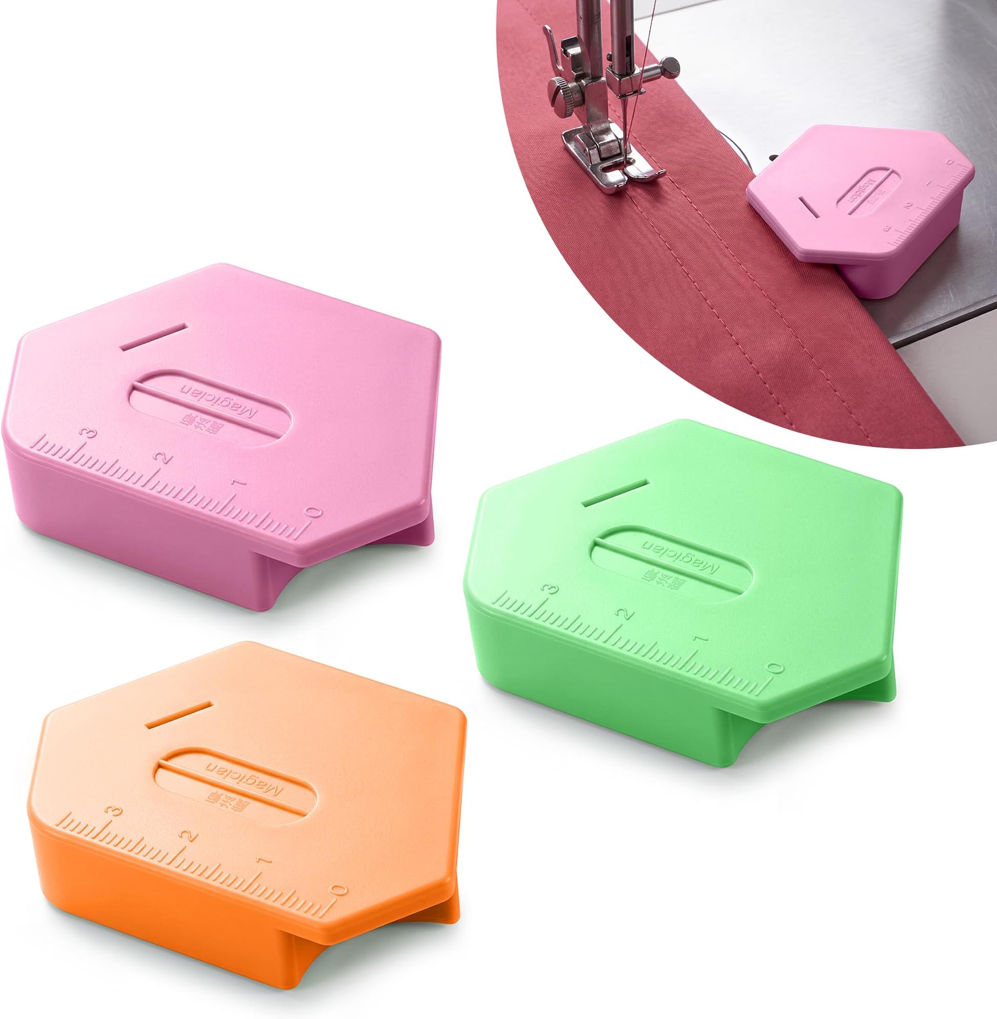 3 Pack Magnetic Seam Guide for Sewing Machine, Upgraded Multifunctional Polygonal Hemmer Guide with Scale, Universal Sewing Accessories Supplies for Magnet Making Machines (3color)