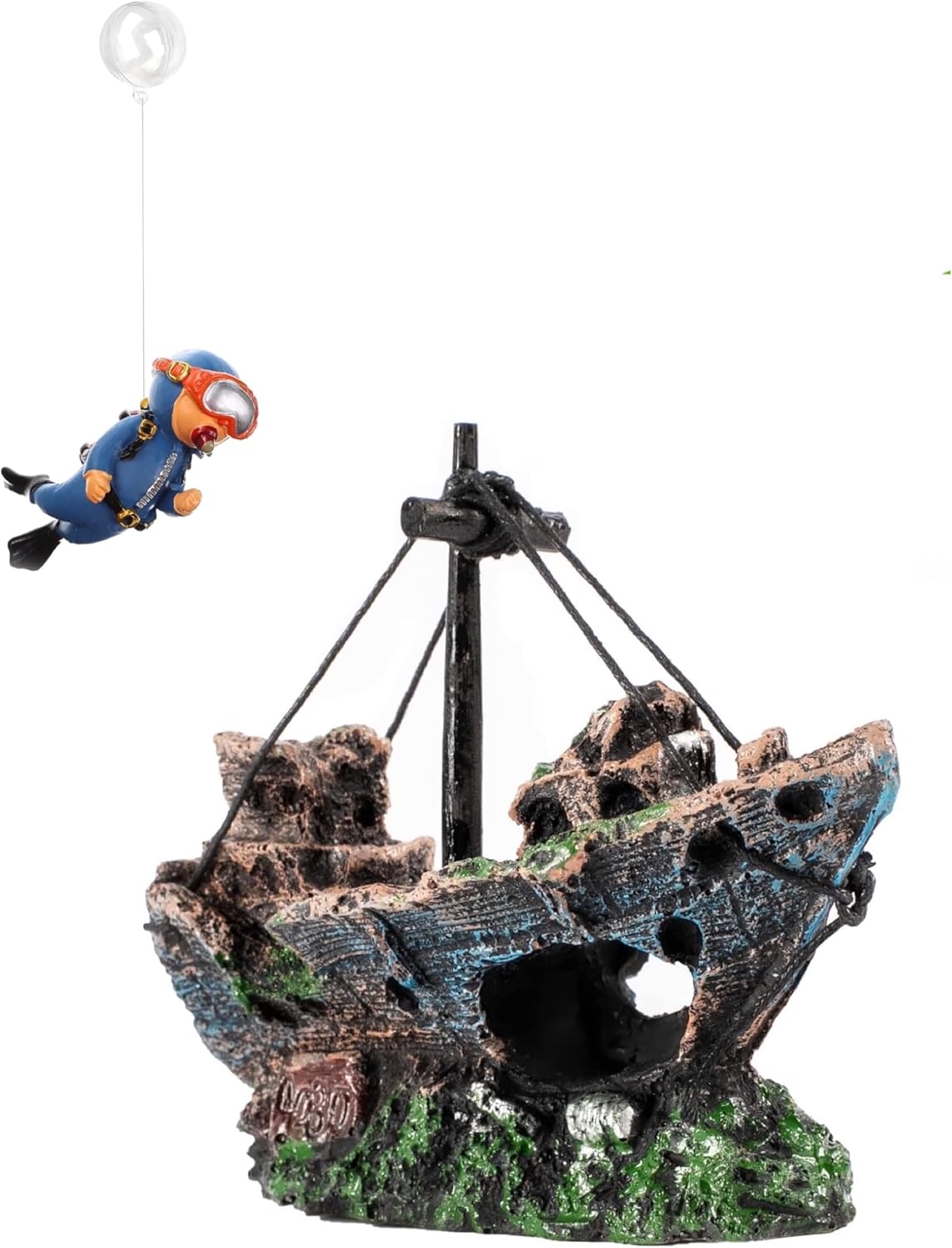 Aquarium Shipwreck Decoration + Little Diver Floating Fish Tank Decoration, Fish Tank Ornaments