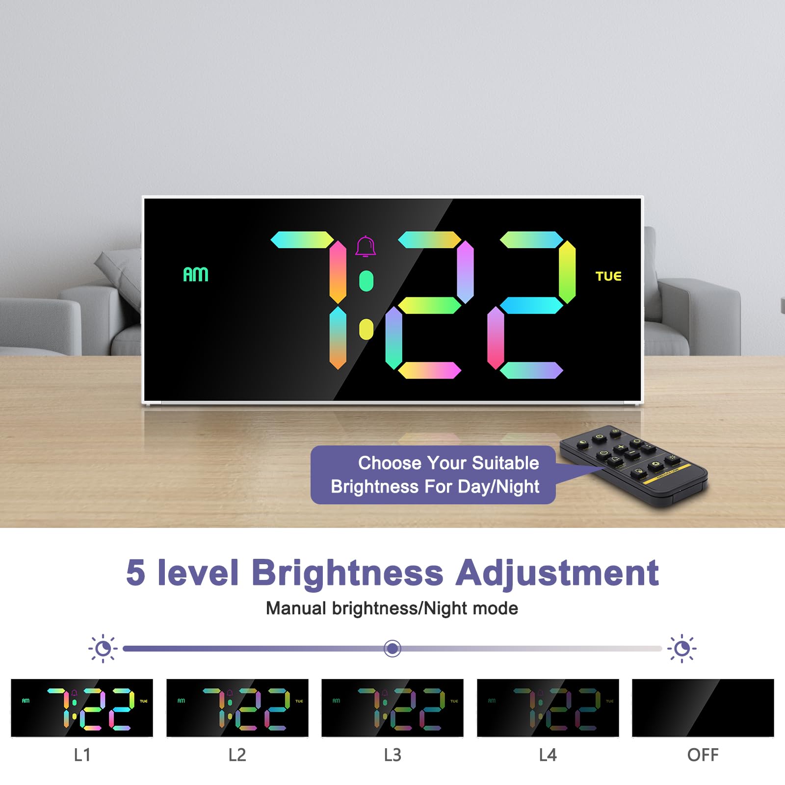 Horloge Murale, Réveil Numérique RGB Écran 12" avec Télécommande, 5 Niveaux de Luminosité, Affichage Date et Heure, Mode Nuit, Horloge Digitale pour Salon, Salle de Sport