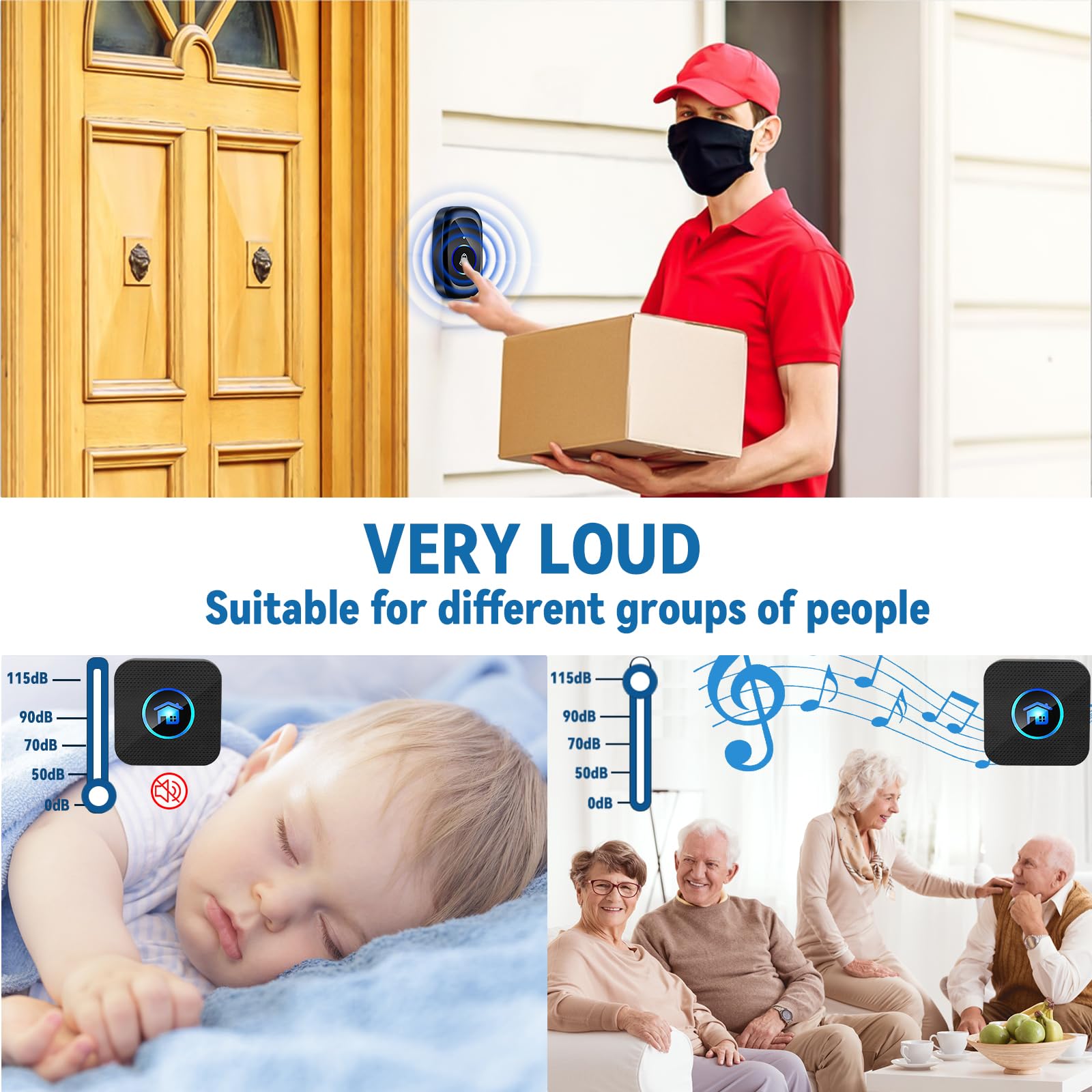 Wireless Doorbell, Bell Butt, IP65 Wodoodporne drzwi z 2 odbiornikami wtycznymi, regulowaną głośnością, 5 poziomów głośności, 55 melodii, zakresu 400 m, czarny