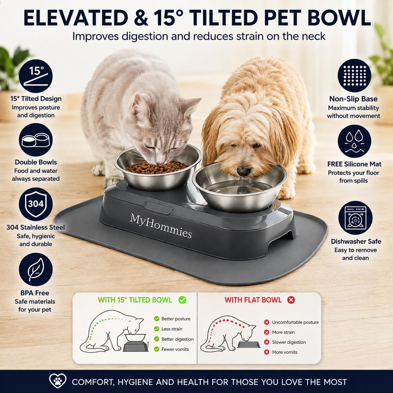 Ciotola Gatto Rialzata e Inclinata 15°, Doppia Ciotola Anti Vomito per Gatti e Cani Piccoli, Acciaio Inox 304, Antiscivolo con Tappetino in Silicone, MyHommies