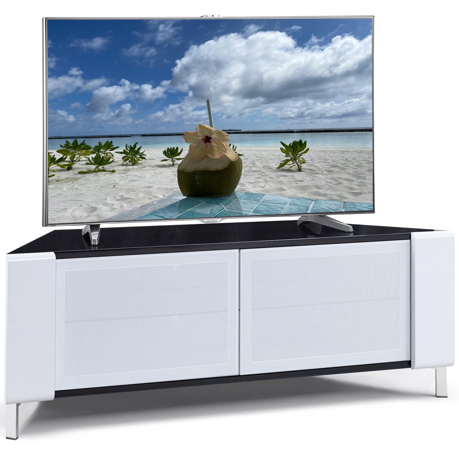 CORVUS Corner-Friendly Gloss Black Contemporary Cabinet with White Profiles White BeamThru Glass Doors Suitable for Flat Screen TVs up to 50"