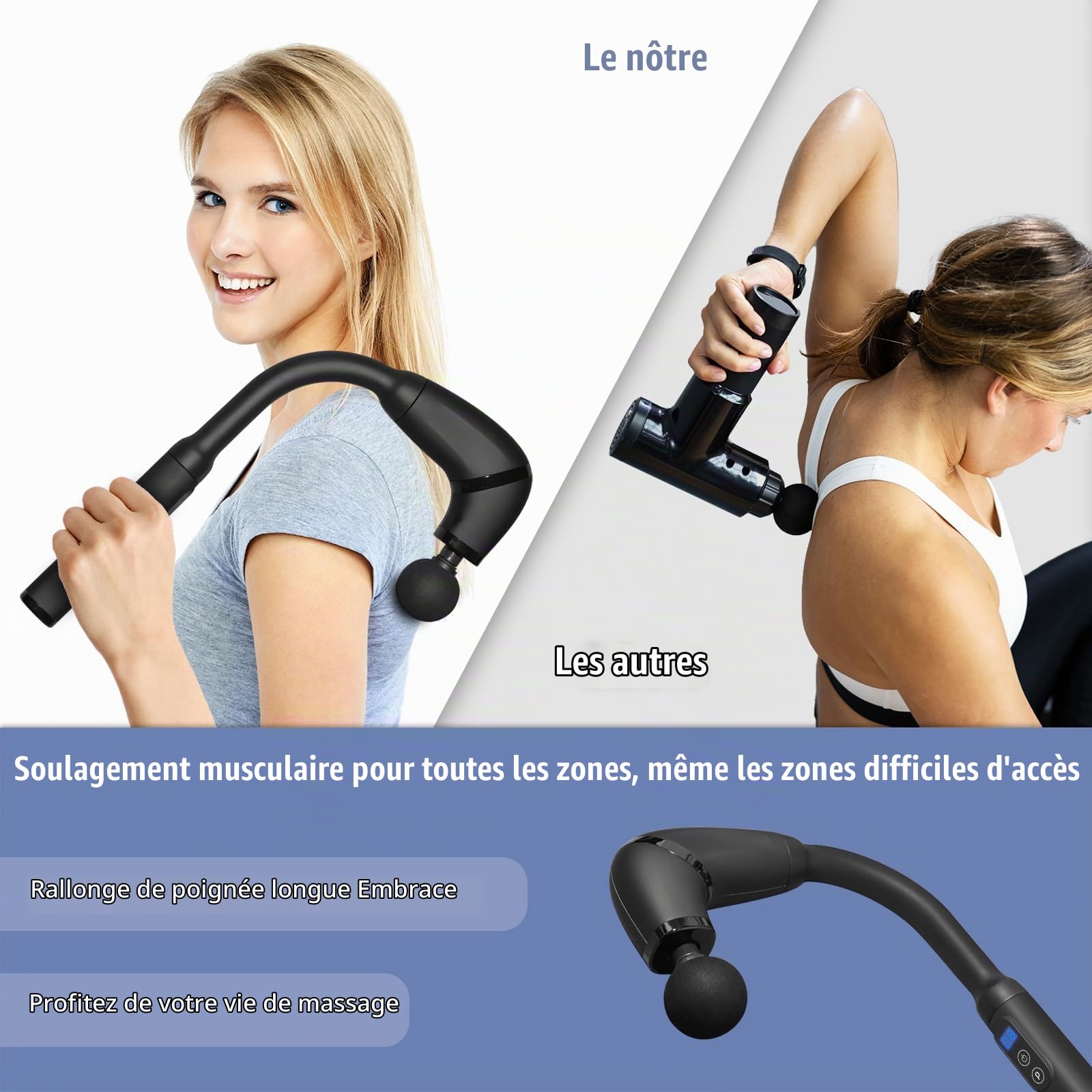 BIBIRE Pistolet de Massage Musculaire avec poignée étendue, Masseurs Électriques Portables Masseur des Tissus Profonds, 4 Têtes de Massage et l'Écran LCD Pour Soulager Douleurs et Raideurs Musculaires