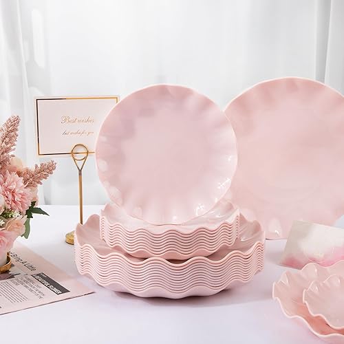 Miniatura 8 de LIYH 24 Piezas Platos Rosados Reutilizables, Plato de Plástico Rosa Festoneado Duradero y Apto para Lavavajillas, Plato de Baby Shower, Platos de