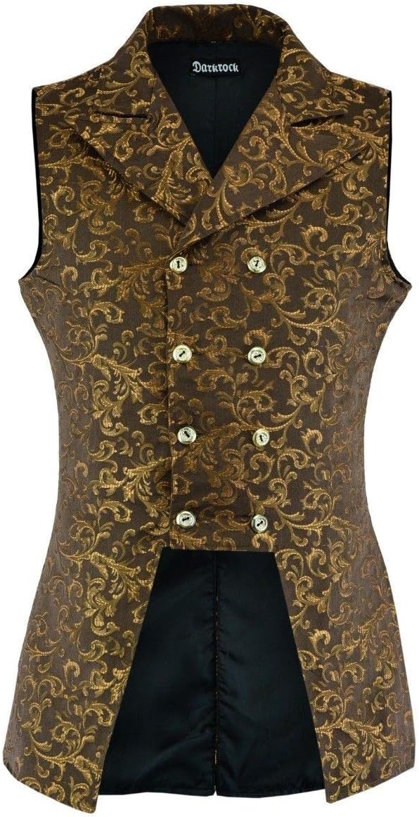 DarkrockMen's Double Breasted Governor Vest Waistcoat VTG Brocade Gothic Steampunk/Brocade Gold (Large, Brocade Gold)