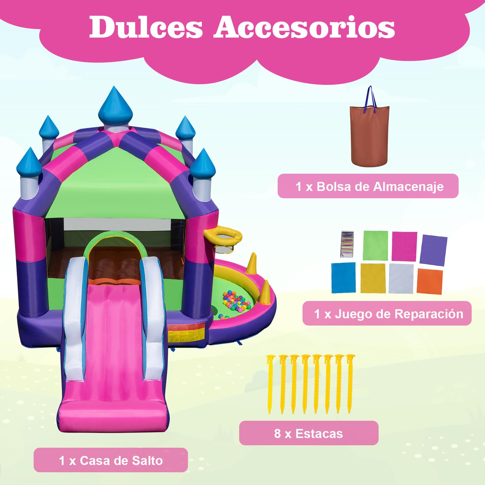 COSTWAY 5 en 1 Castillo Hinchable para Niños, Castillo Hinchable Grande con Tobogán, Piscina de Bolas, Techo Sombreado, para Niños 3-10 Años, Insuflavel Criança Interior Exterior, 385 x 332,5 x 300 cm