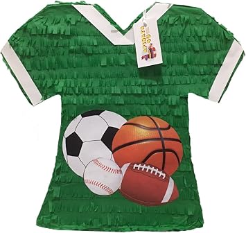 Apinata4u Sports theme Jersey Pinata with Soccer, Basketball, Baseball & Football Design Green Shirt Shaped Pinata for Birthday, Sports Theme & Athletic Party Decoration, Sports Party Supplies