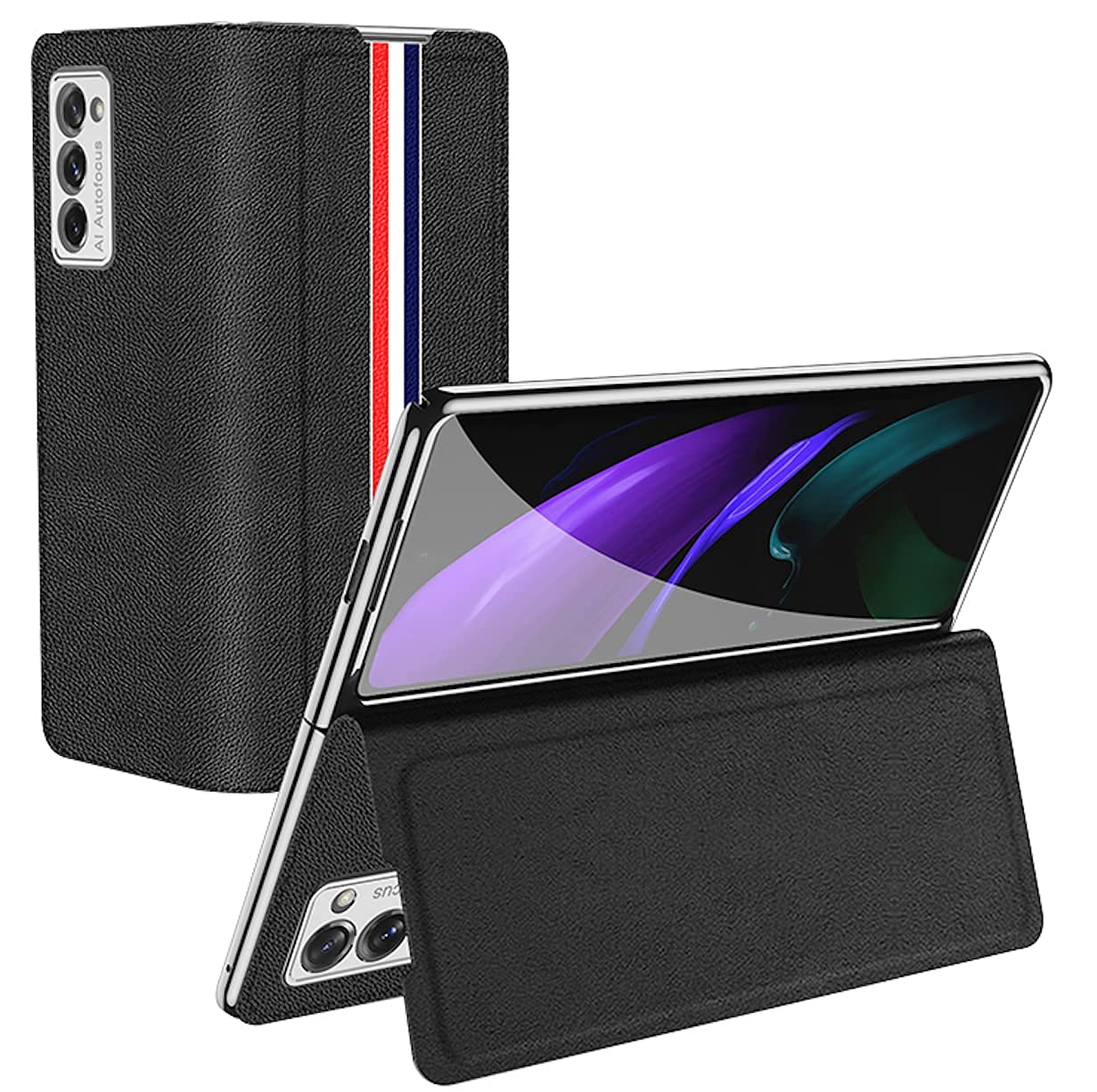 Grained Magnetic Flip Stand Bumper Texture Leather Case Cover Compatible with Samsung Galaxy Z Fold 2 / Fold2 5G - Black