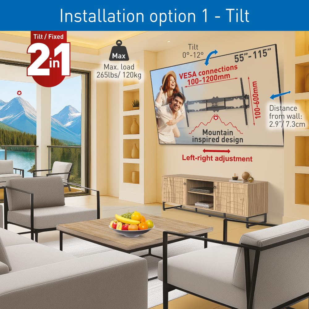 Barkan Soporte TV de Pared Inclinable para Pantallas de 55-115 Pulgadas, Pantalla Plana/Curva, Peso máximo 120Kg, Bloqueo, para LED OLED LCD, hasta VESA 1200X600