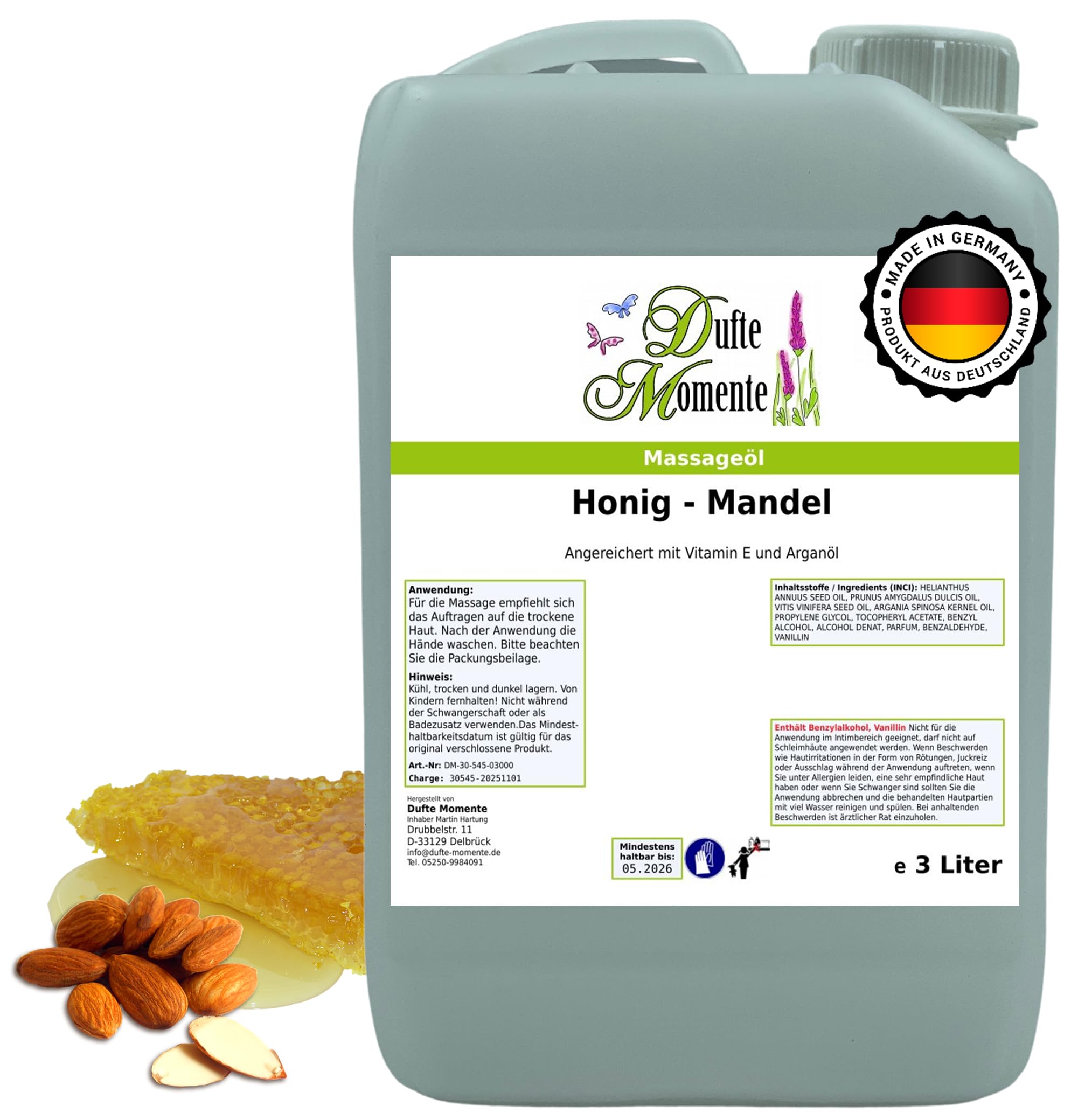 Dufte Momente Massageöl Honig-Mandel – 3 Liter – Paraffinölbasis – warm & weich duftend – professionelle Gleitfähigkeit – ideal für Massage, Wellness & Studio – Made in Germany