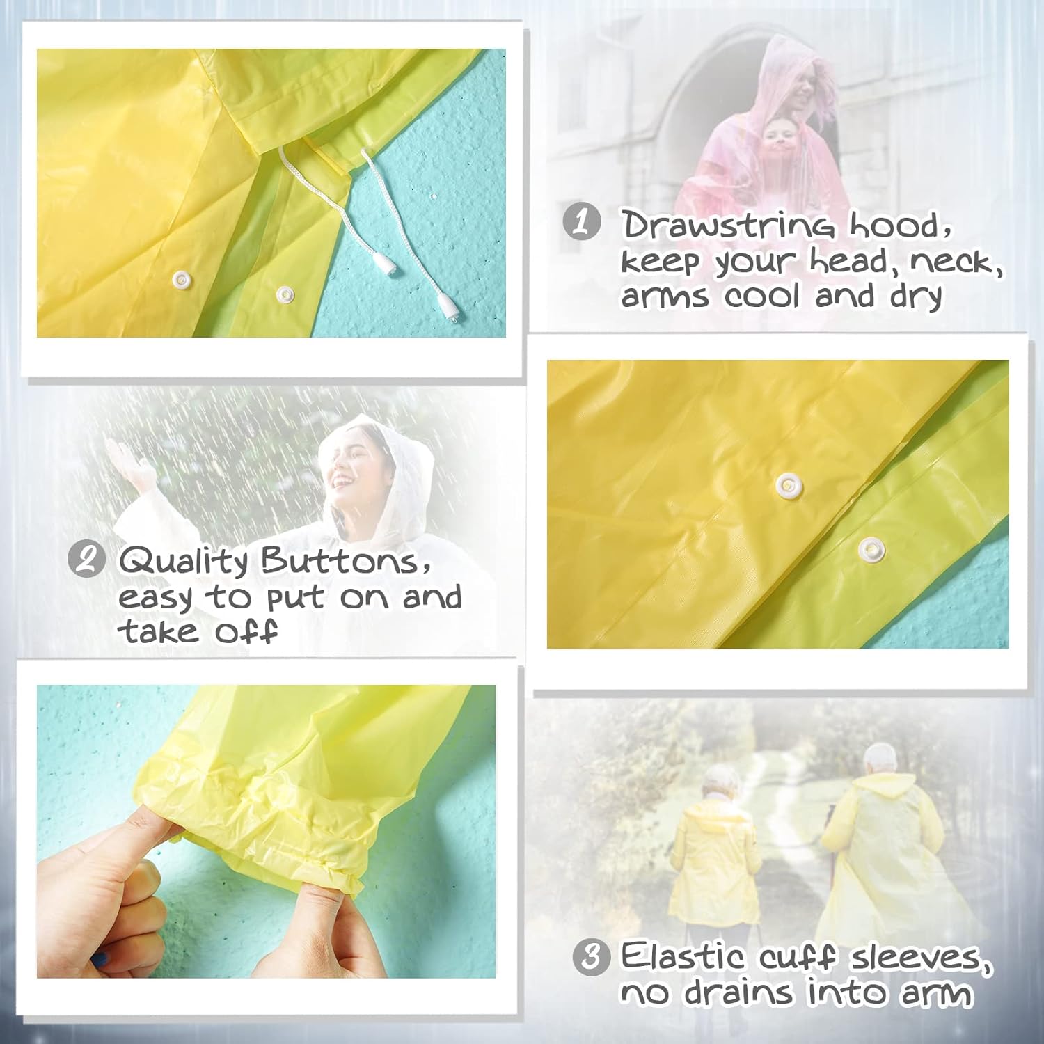 JaGely 7 Pack Rain Poncho Set Colorful Reusable Rain Jacket EVA Waterproof Raincoat for Adults - Image 4