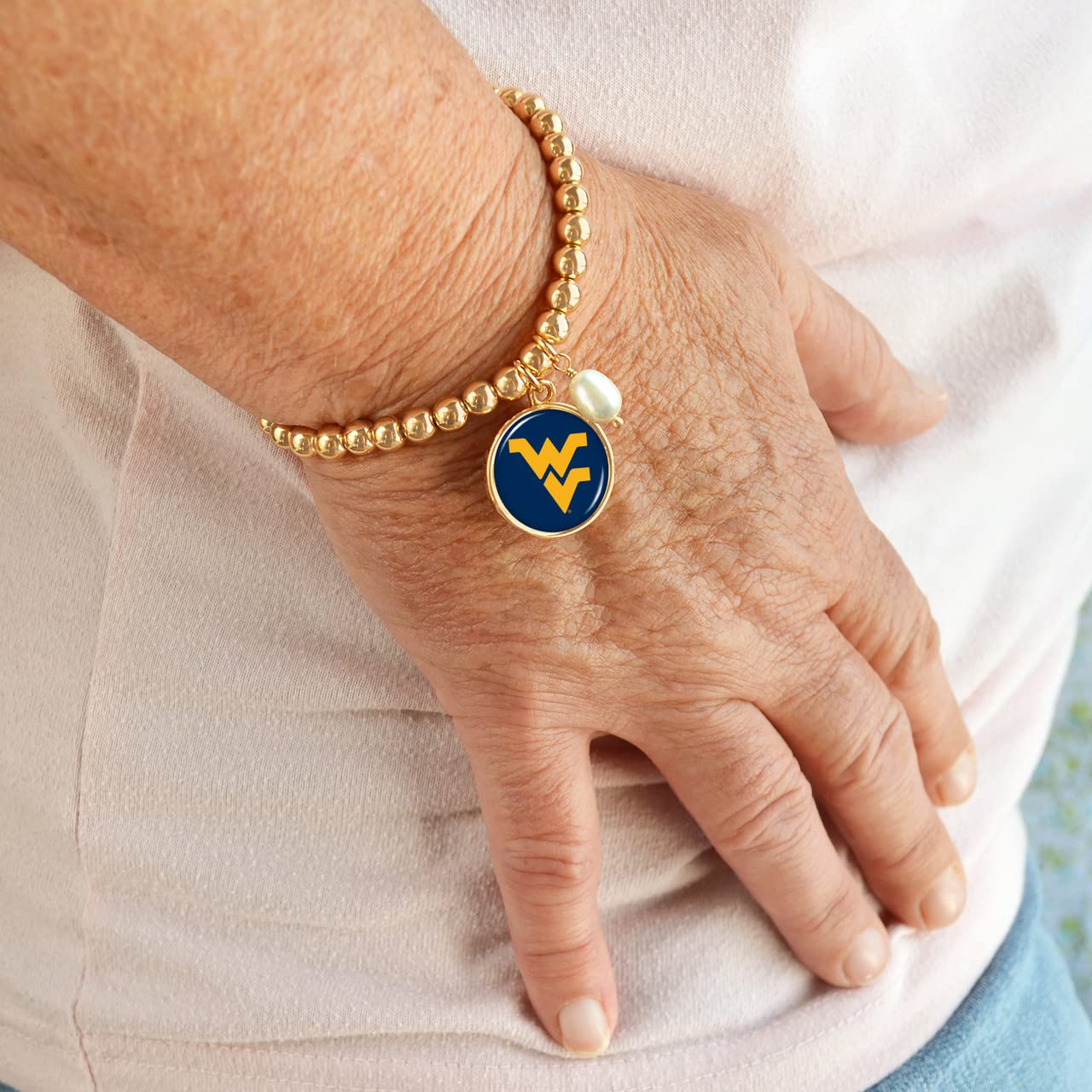 From the Heart Enterprises West Virginia Mountaineers Diana Gold and Pearl Stretch Bead Bracelet Jewelry WVU