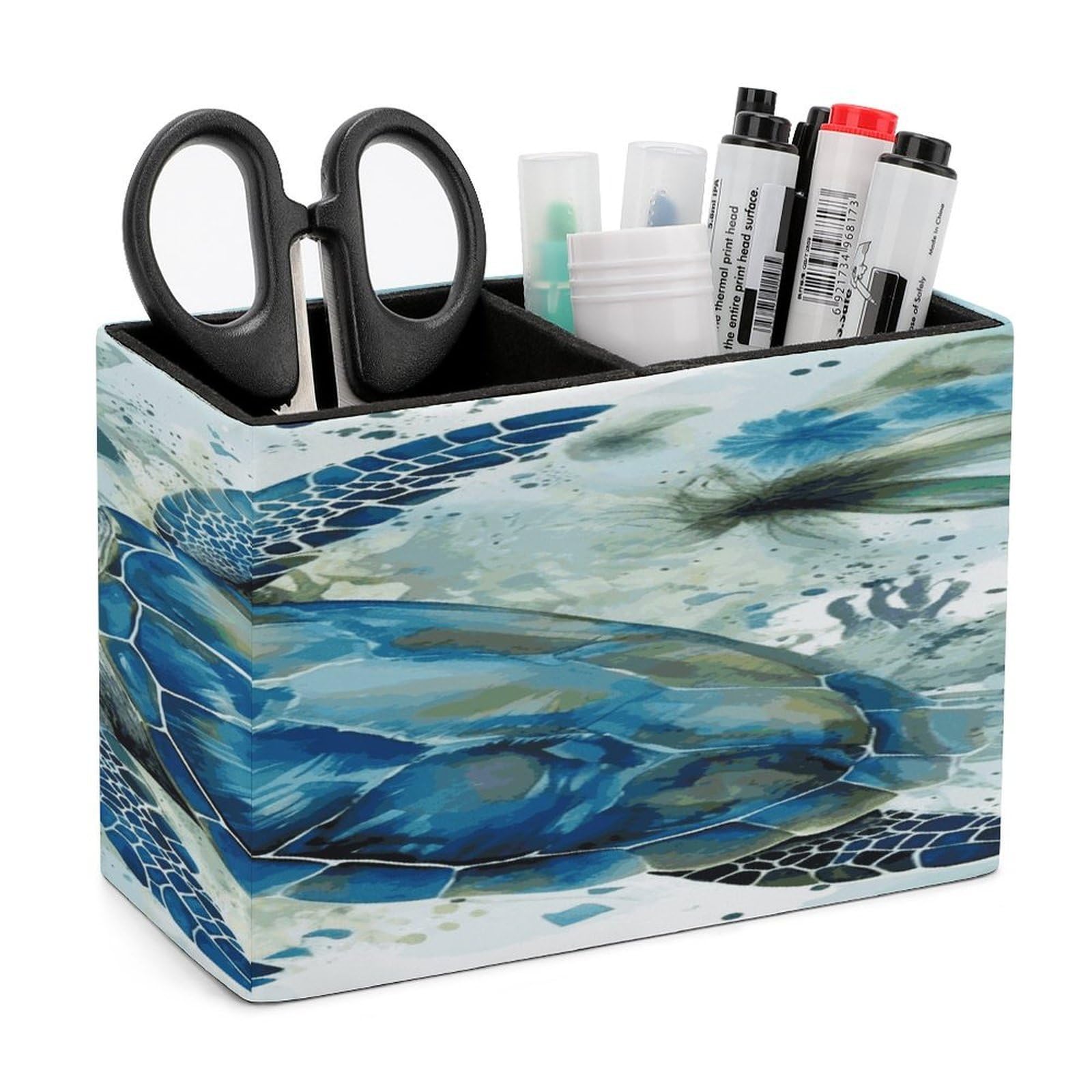 LDGSUPH Sea Turtle-Blue Leather Pen Holder for Desk Organizer Caddy Large Pencil Cup Multi-function Pencil Holder Makeup Brush Holders Pen Organizer for Home Office Storage Box