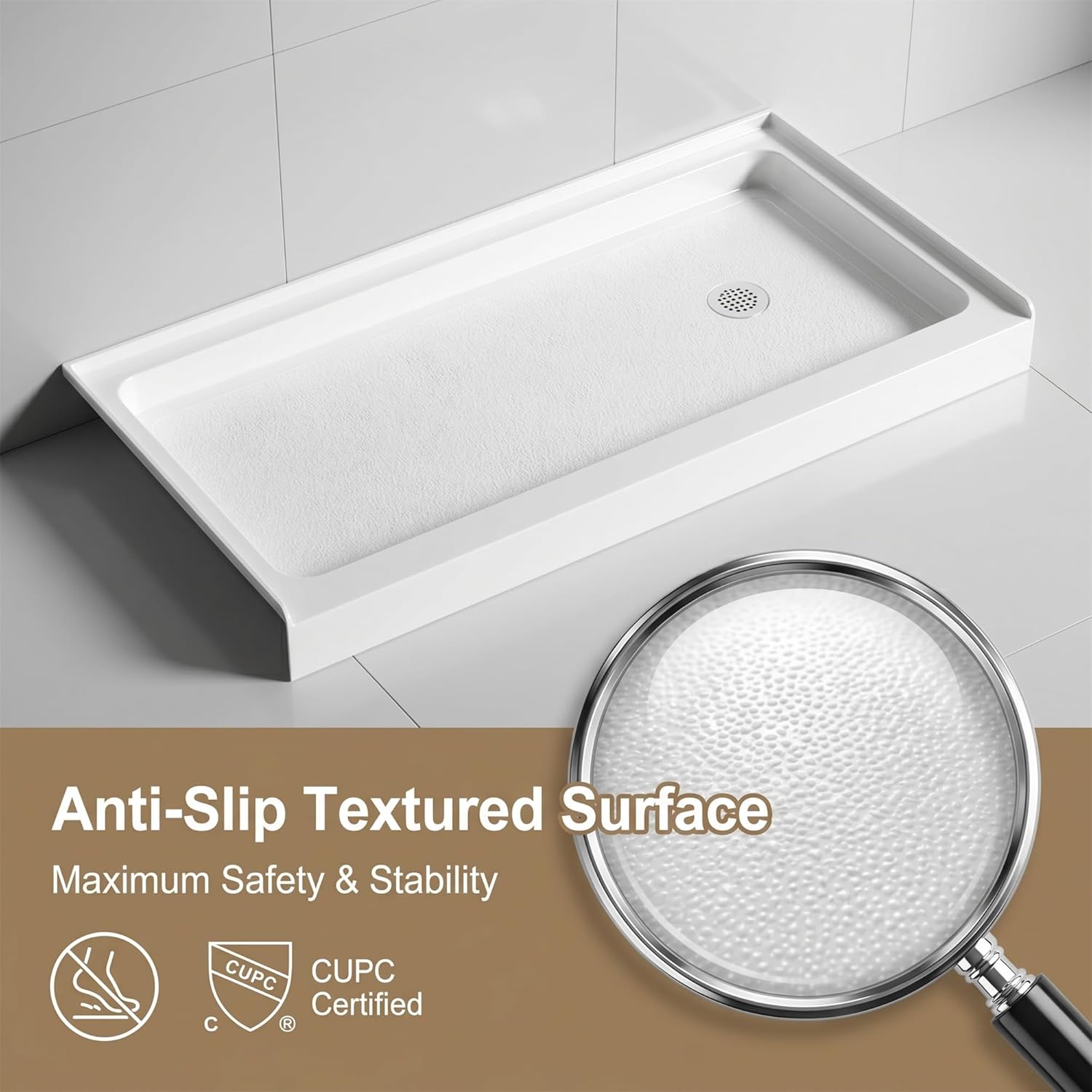 60x30 Inch White Acrylic Shower Base, Right Drain, Non-Slip Textured Surface, Single-Threshold Design for 3-Wall Alcove Installation, Fiberglass Reinforced, 5 1/2" H, Easy to Clean