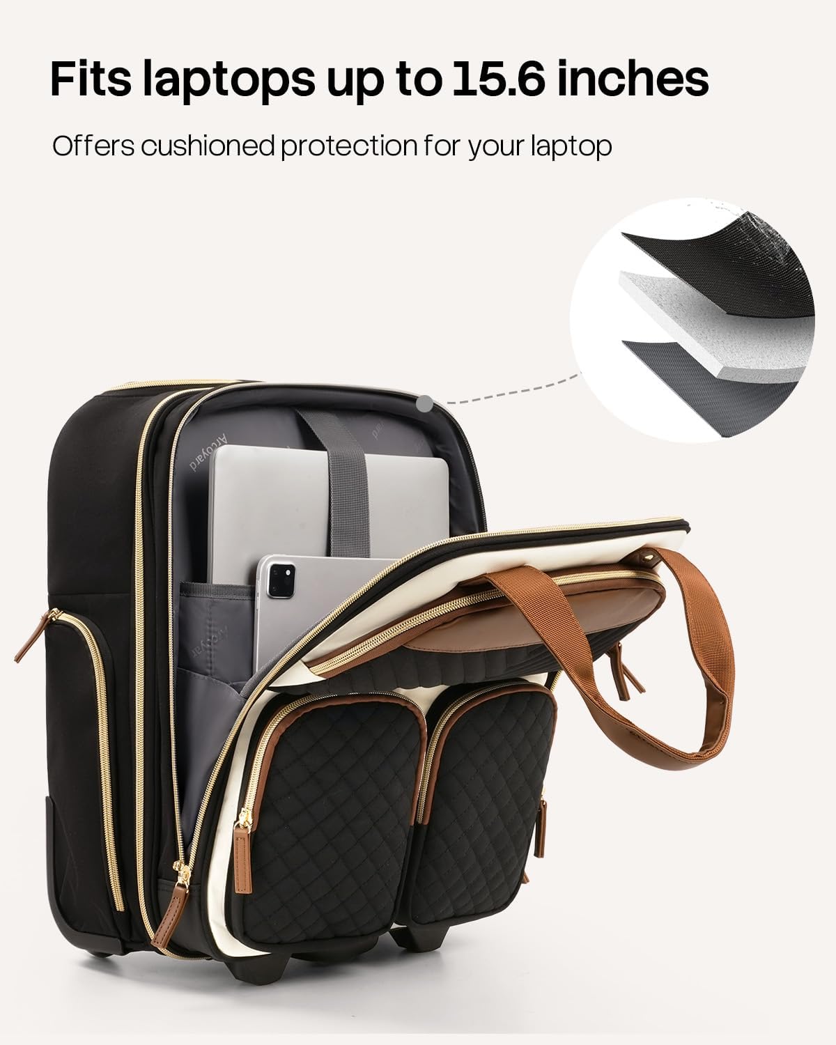 Underseat Carry-On Luggage with Wheels, Airline Approved Personal Item Rolling Bag, TSA-Friendly Travel Carry On with Multiple Compartments & Leather Handle, Beige Brown