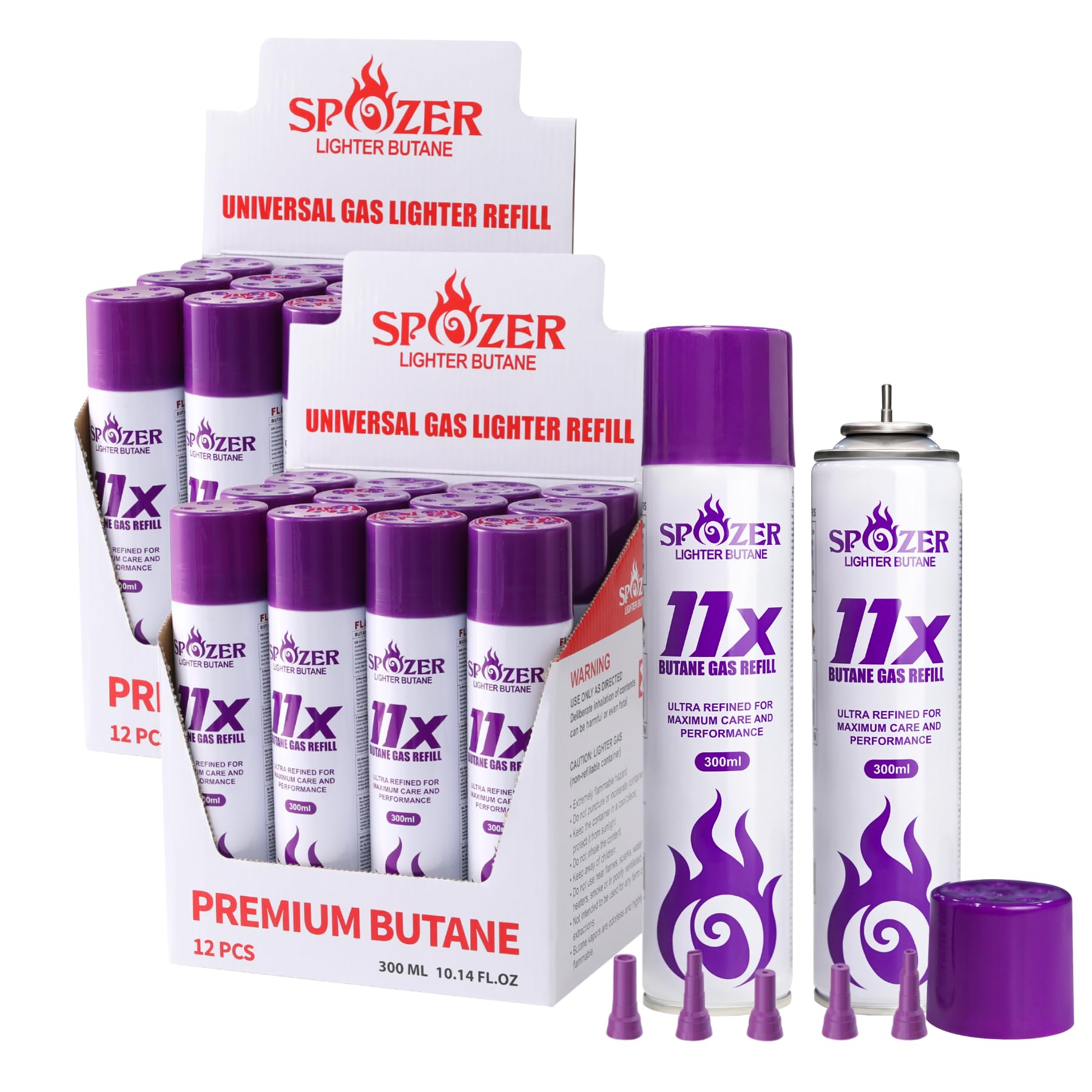 SPOZER 11X Premium Butane Fuel Refill, Universal 99.9997% Ultra Pure Butane Gas for Torch Lighters, 300ml(10.14 FL.Oz) Cans, 2 Display Box(Pack of 24)