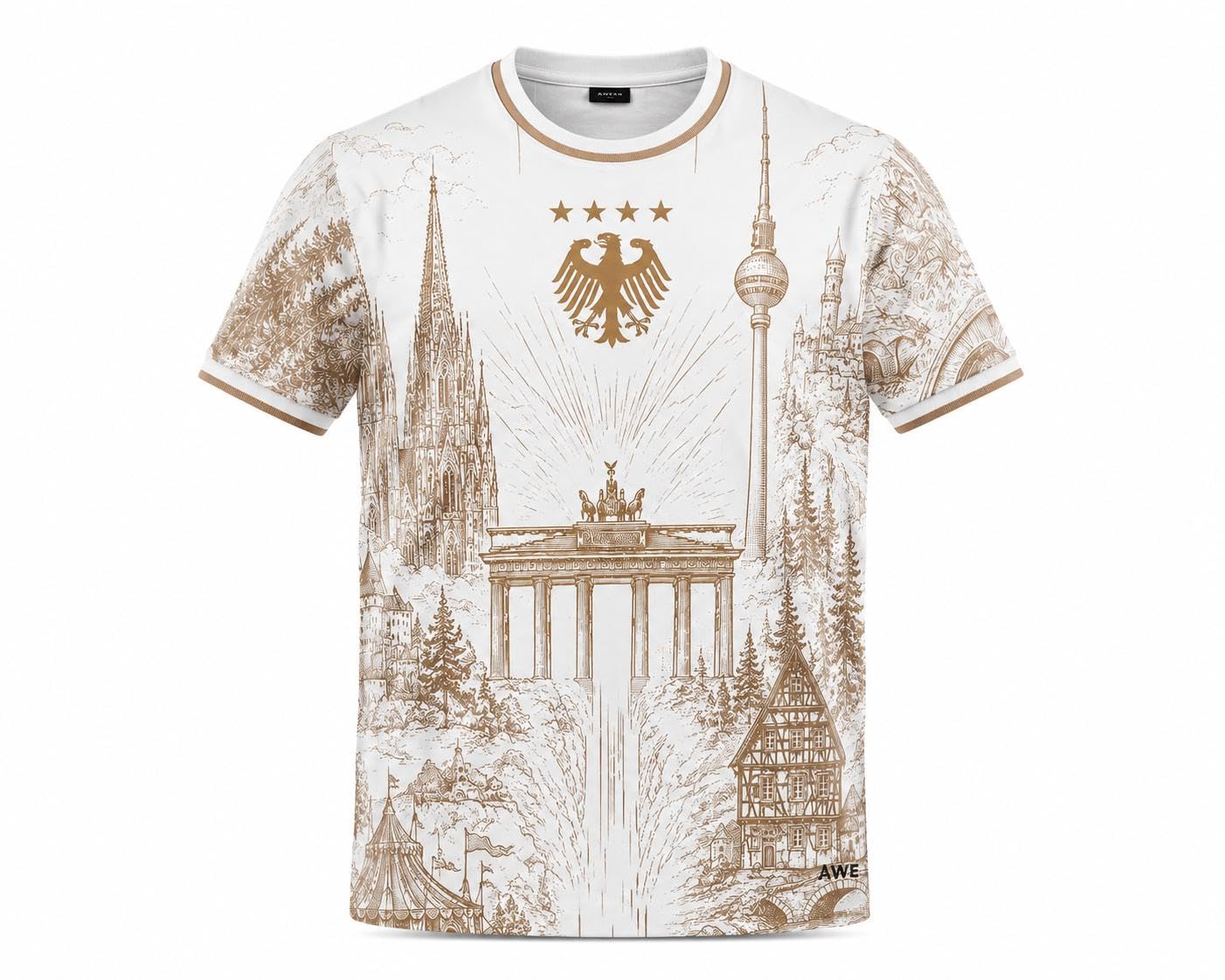 Deutschland Fußball Trikot WM 2026 Herren Kurzarm Shirt, 100% Polyester, Weiß Gold Design, Fan Trikot mit Deutschland Motiv