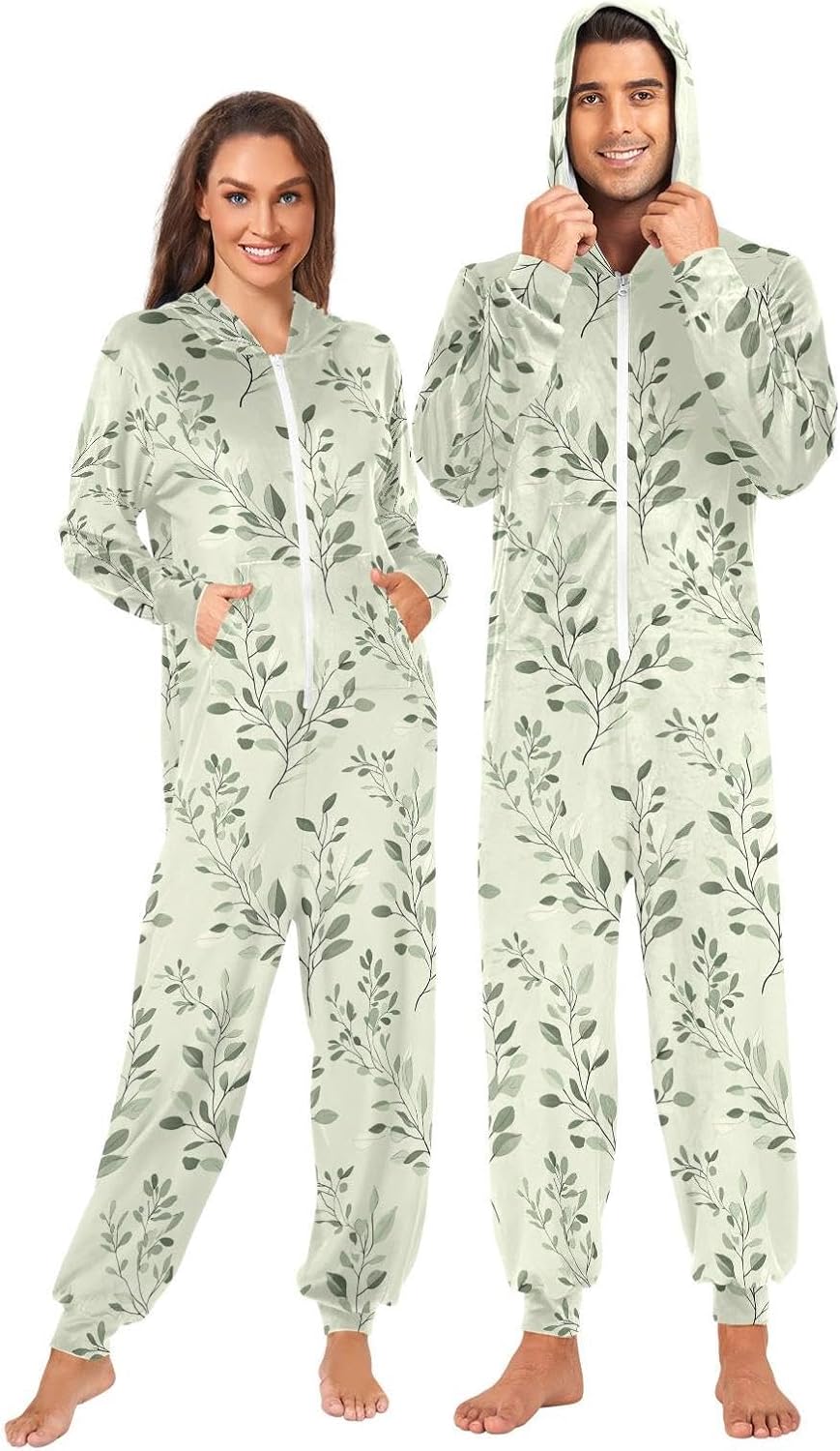 ZZKKO Cottagecore Green Leaves Adult Onesie Pajamas for Women Men Cozy One Piece Pajamas Costume Zip-Up Hooded S-XL