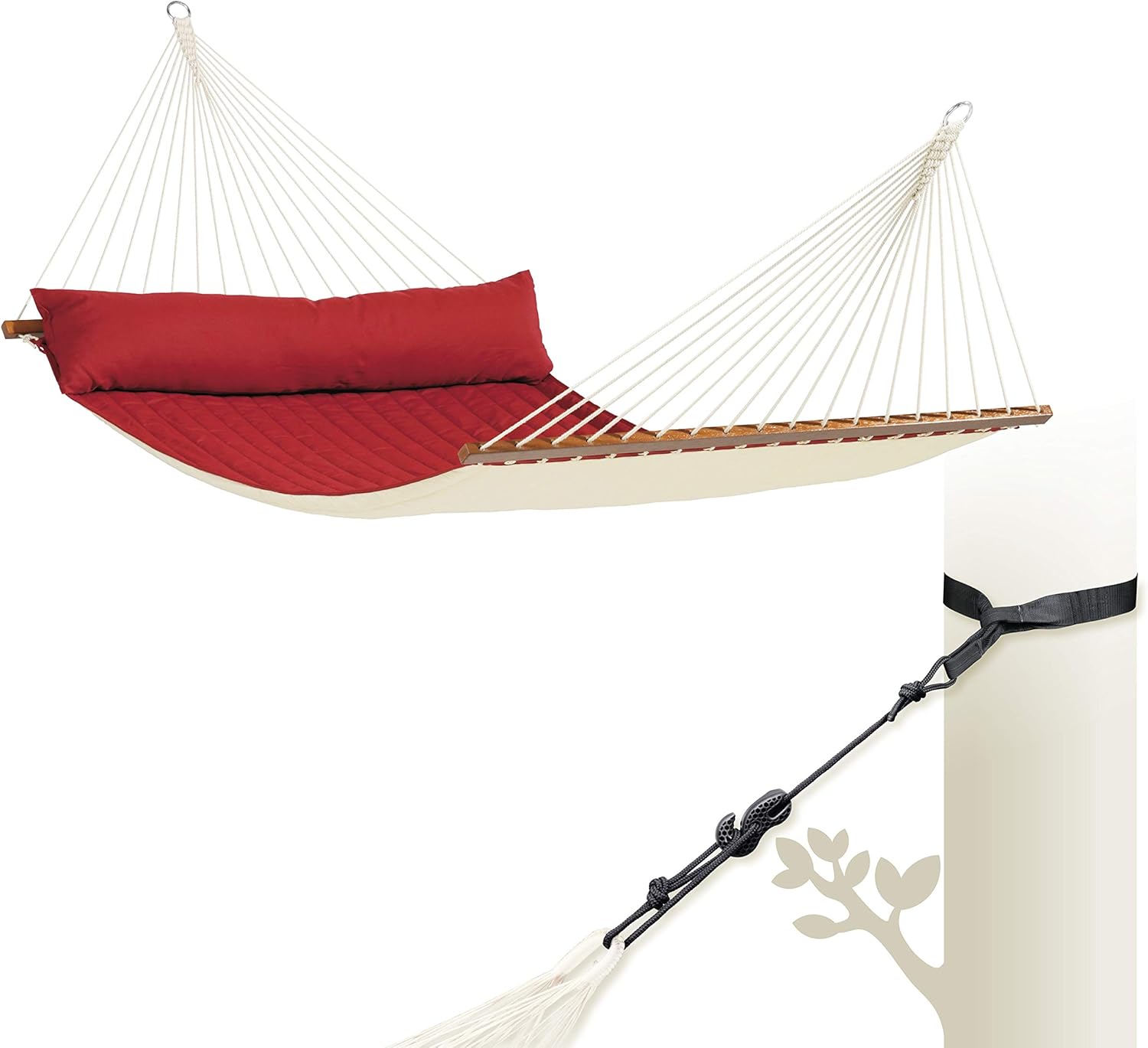 LA SIESTA® Alabama Quilted Hammock with Spreader Bar & TreeMount, Fabric Tree Hammock with Tree Straps for Beams Posts - Weatherproof Outdoor Hammock - 2 Person Double Hammock Bed -XL King, Red Pepper