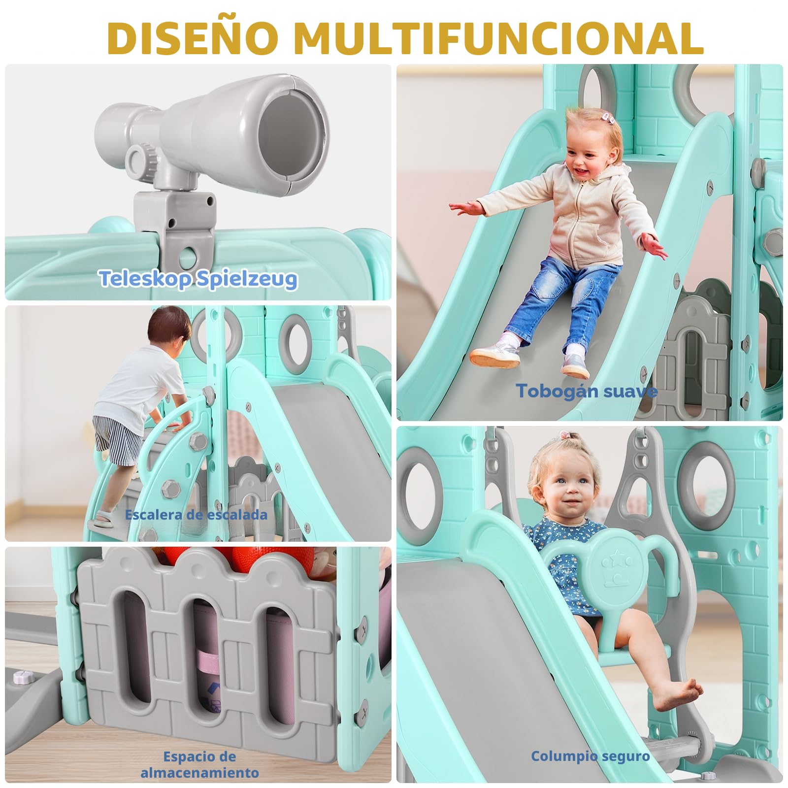 Tobogán y Columpio, Parque Infantil 5 en 1, con Tobogán Largo, Columpio, Escalada, Telescopio de Juego, Almacenamiento, Tobogán para Interior y Exterior, Juego de Tobogán para Bebé, Verde Gris