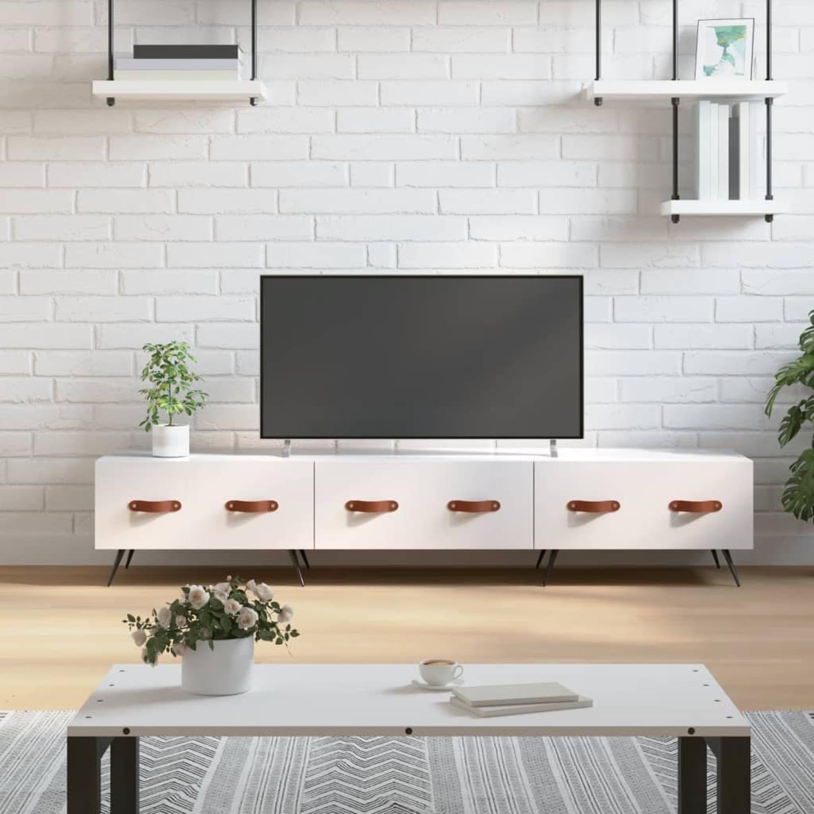 Meuble TV blanc brillant 150 cm HOMELEN en bois pour un design moderne de salon