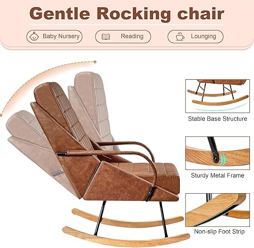 Miniatura 5 de VECELO Mecedora para guardería, mecedora de cuero de gran tamaño con cojín acolchado, respaldo alto tapizado extraíble, color marrón